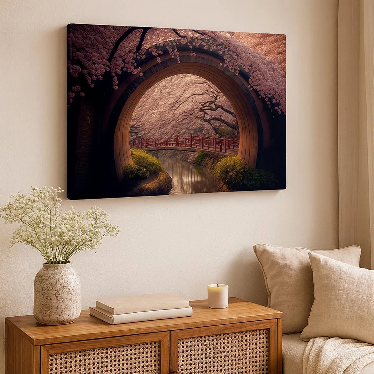 Cuadro sobre lienzo - Impresión de Imagen - Un puente tradicional japonés rodeado de flores de cerezo. - 70x50cm - Primavera japonesa - Decoración de pared moderna para salón y dormitorio ARTTOR