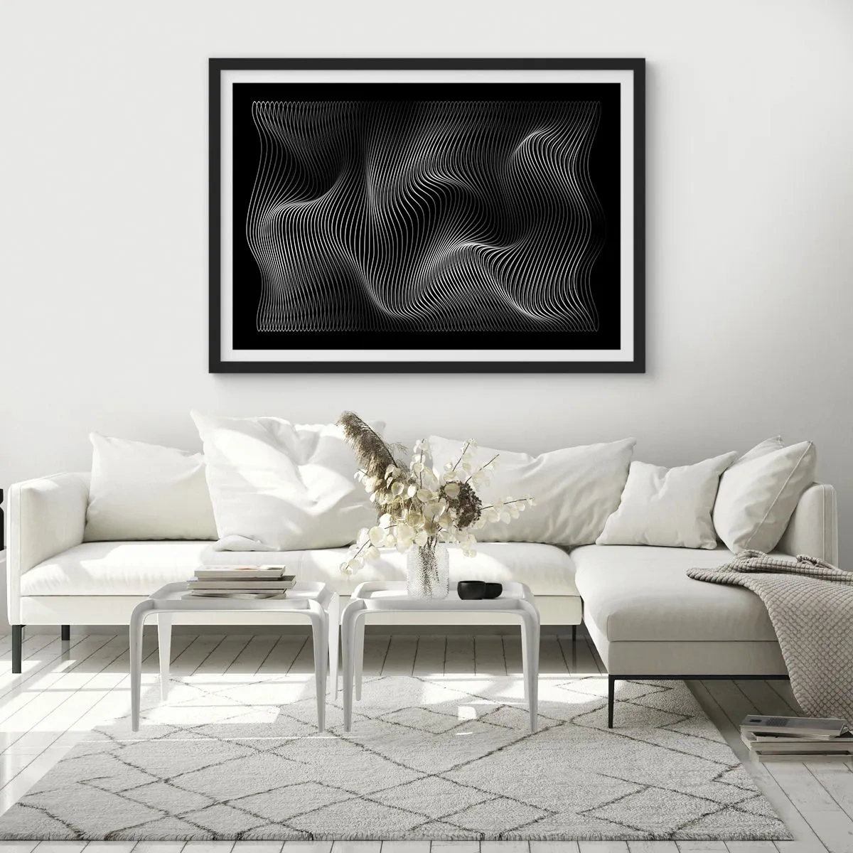 Póster en marco negro - Líneas blancas abstractas sobre un fondo negro - 70x50cm - La danza de la luz en el espacio - Decoración de pared moderna para salón y dormitorio ARTTOR