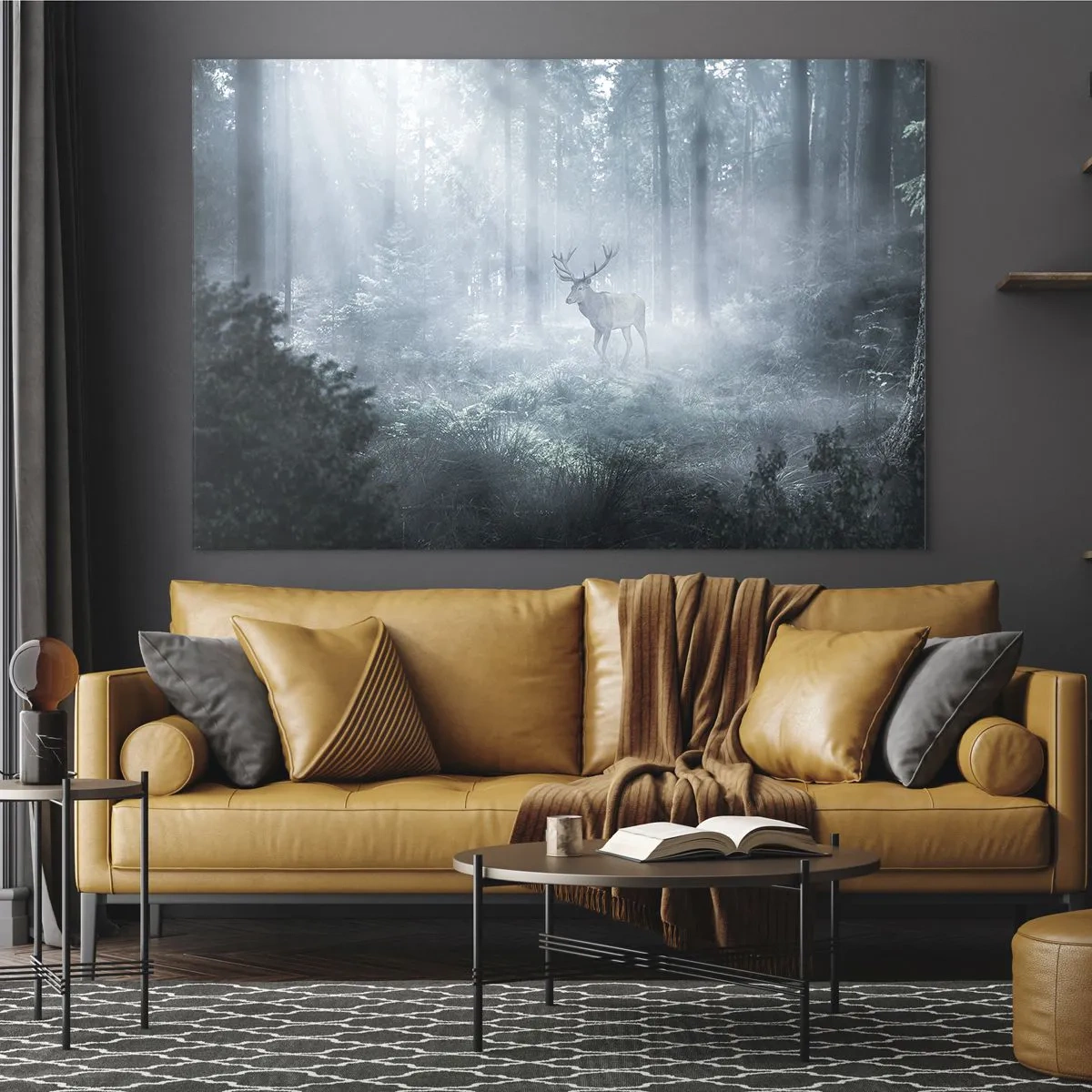 Cuadro sobre vidrio - Impresiones sobre Vidrio - Un ciervo en un bosque brumoso iluminado por los rayos del sol de la mañana. - 70x50cm - Ronda matutina por la finca - Decoración de pared moderna para salón y dormitorio ARTTOR