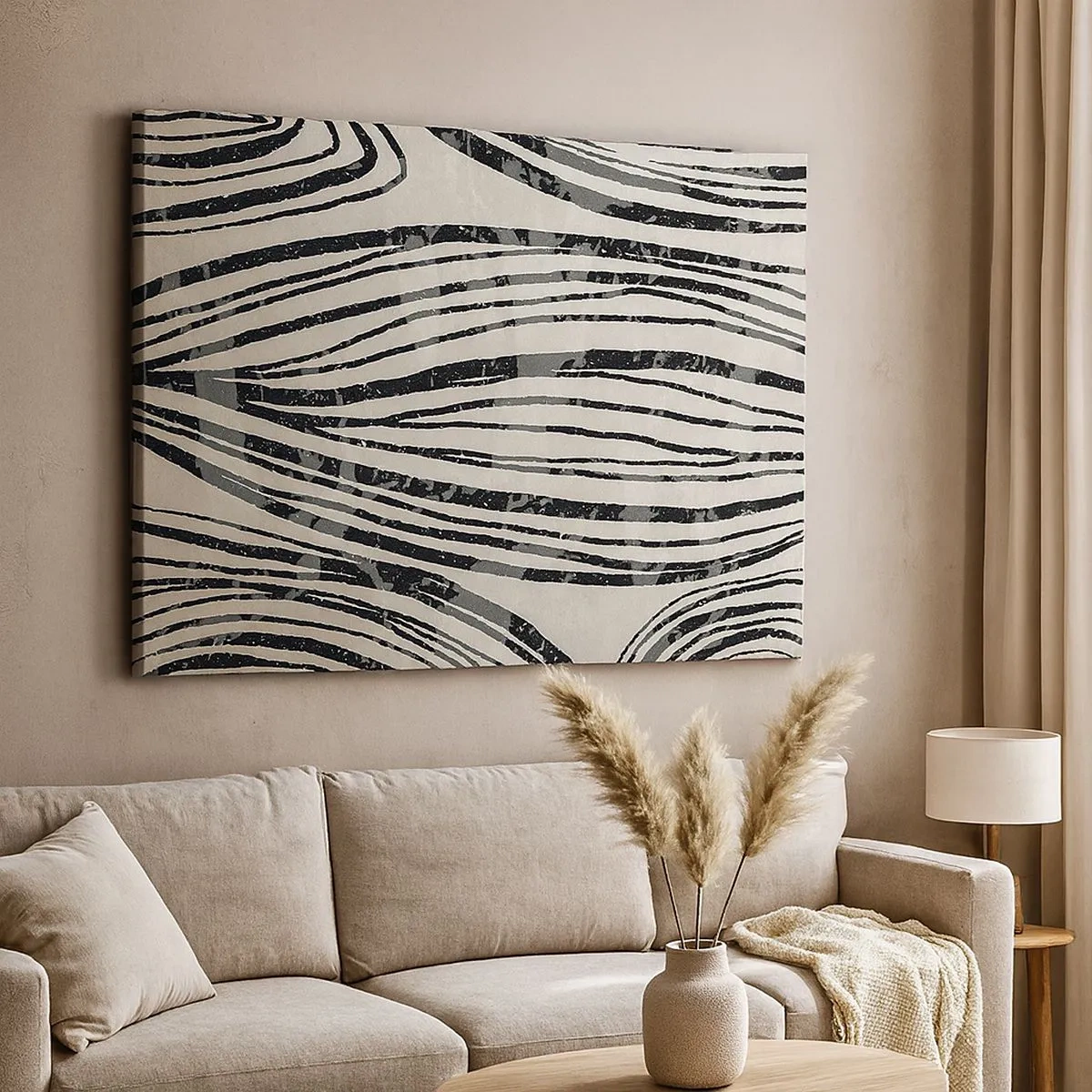 Cuadro sobre lienzo - Impresión de Imagen - Ondas abstractas en tonos blanco y negro - 70x50cm - Salpicadura de líneas - Decoración de pared moderna para salón y dormitorio ARTTOR