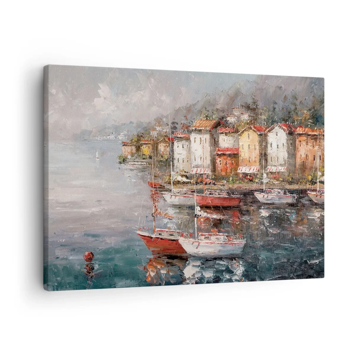 Cuadro sobre lienzo - Impresión de Imagen - Paisaje costero con barcos y casas de colores. - 70x50cm - Un refugio romántico - Decoración de pared moderna para salón y dormitorio ARTTOR