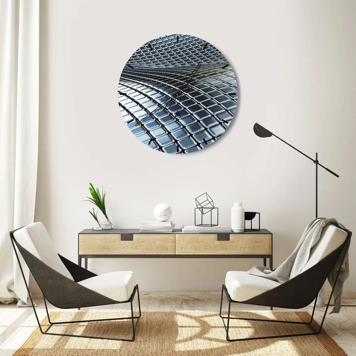 Reloj de pared - Reloj de vidrio - Superficie futurista hecha de paneles metálicos en tono plateado. - 30x30cm - Ola de plata - Decoración de pared moderna para salón, cocina y dormitorio ARTTOR