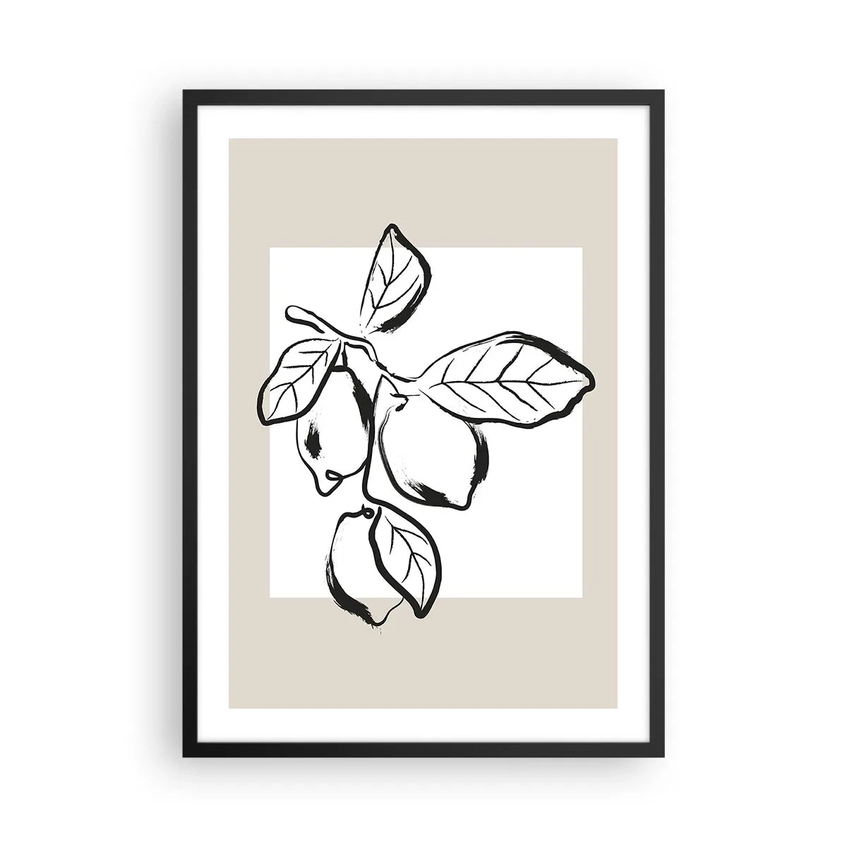 Póster en marco negro - Una ilustración minimalista de una rama de limón en estilo blanco y negro. - 50x70cm - Donde el limón madura... - Decoración de pared moderna para salón y dormitorio ARTTOR
