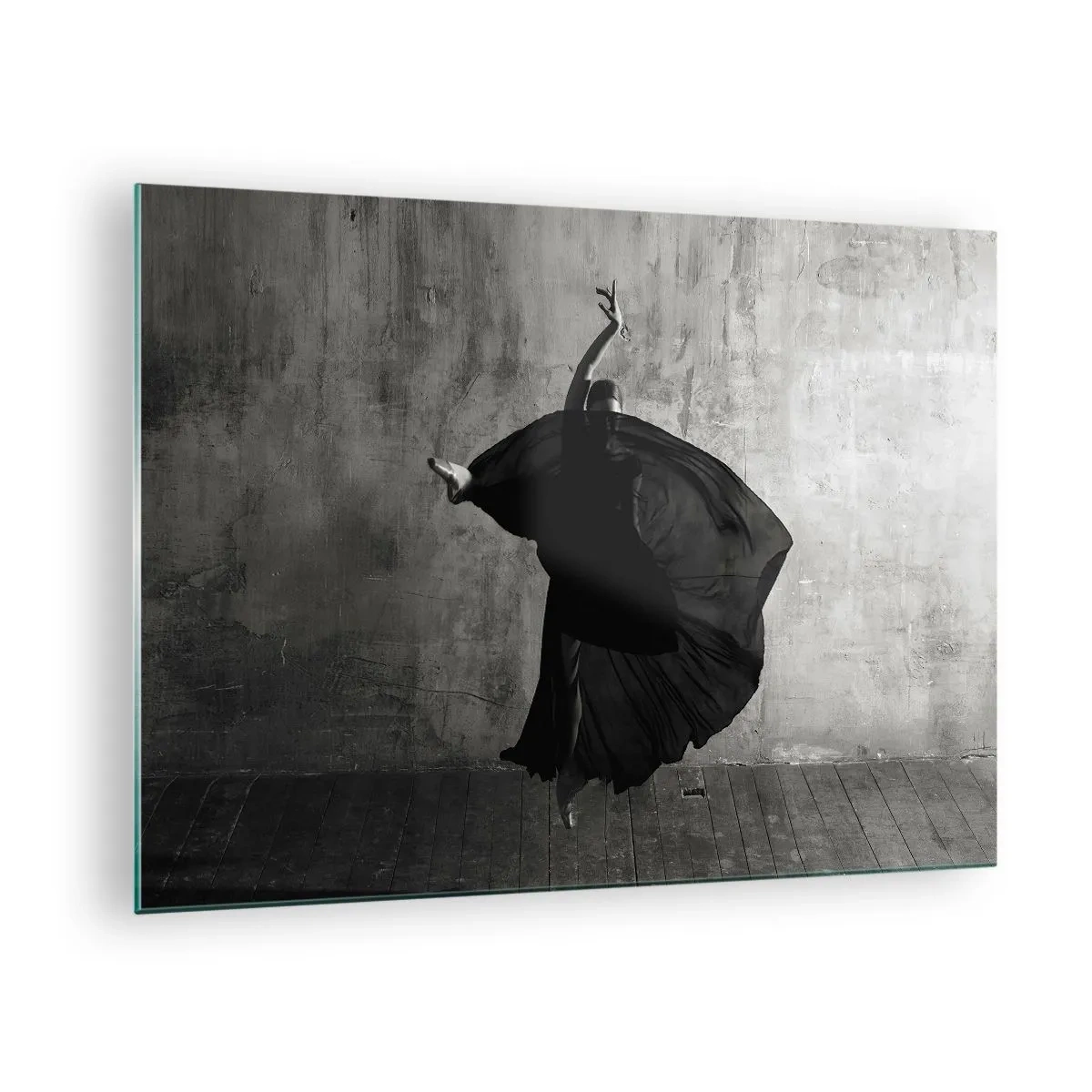 Cuadro sobre vidrio - Impresiones sobre Vidrio - Silueta en blanco y negro de una bailarina en una pose dinámica. - 70x50cm - Cargada de pasión - Decoración de pared moderna para salón y dormitorio ARTTOR