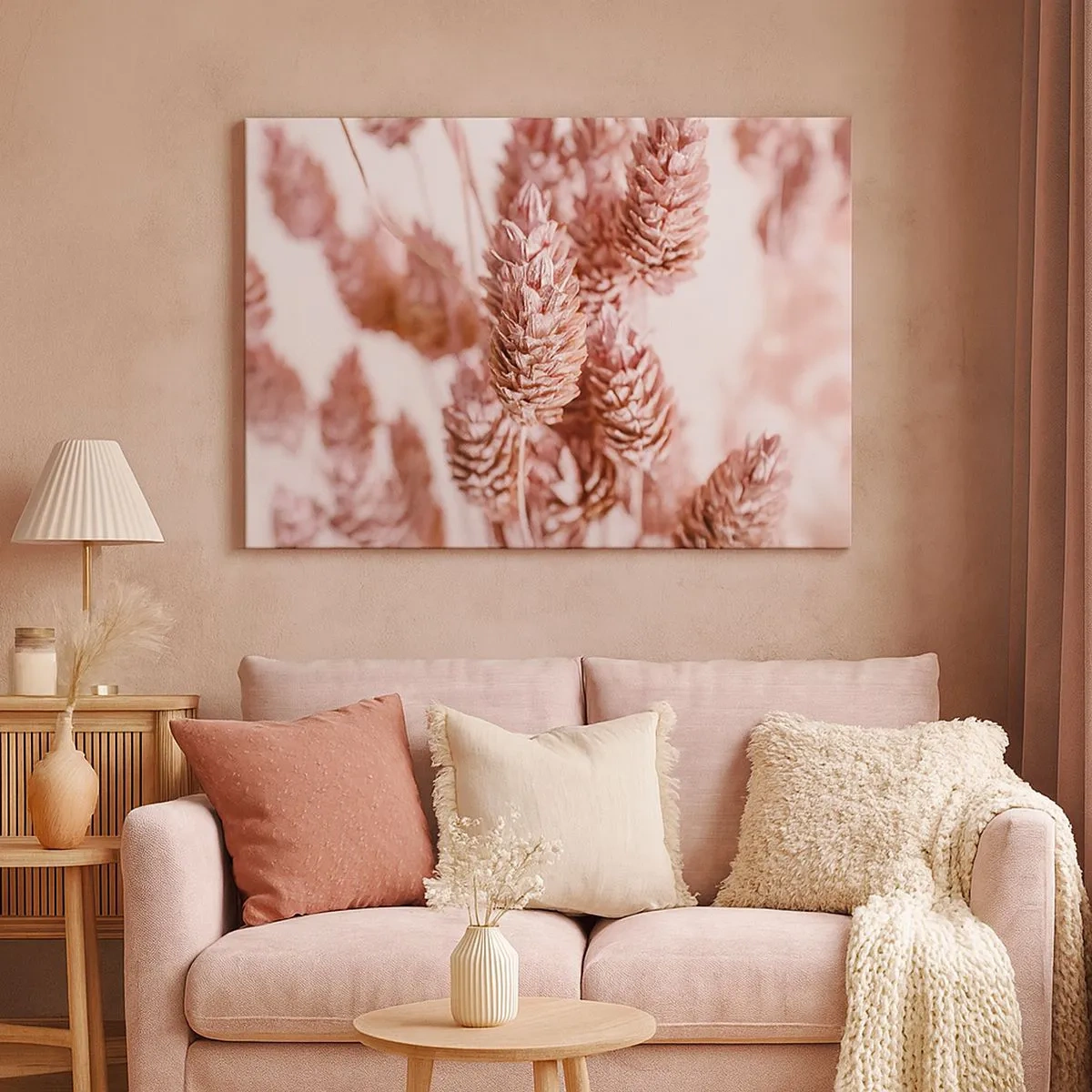 Cuadro sobre lienzo - Impresión de Imagen - Un primer plano de las delicadas espigas rosadas de las hierbas ornamentales. - 70x50cm - Aparentemente discreto - Decoración de pared moderna para salón y dormitorio ARTTOR