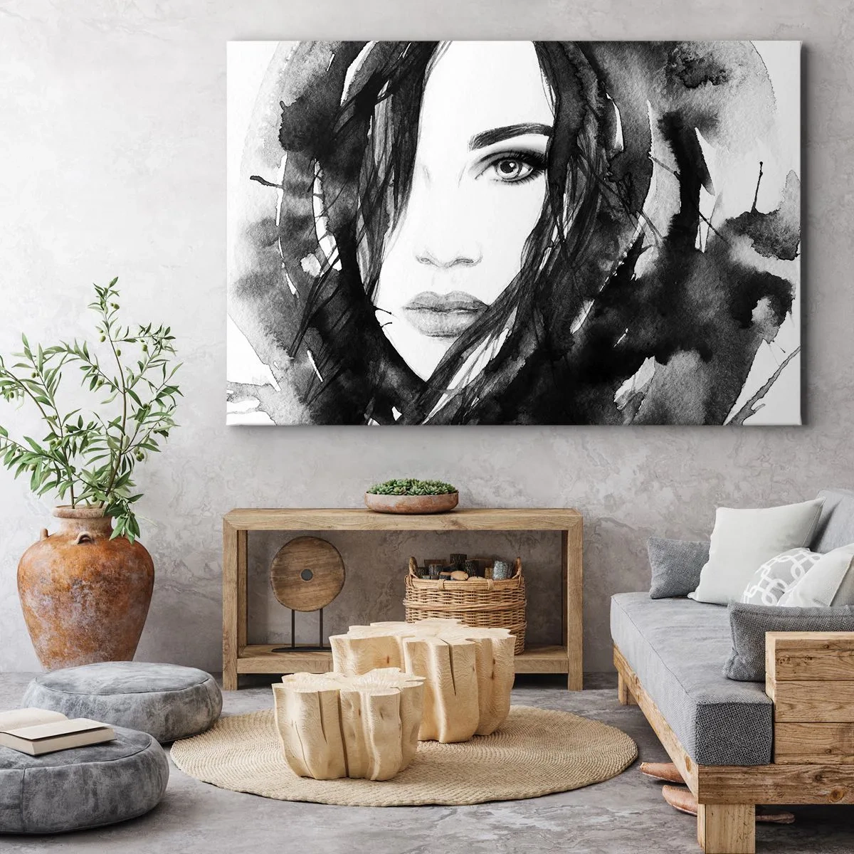 Cuadro sobre lienzo - Impresión de Imagen - Retrato de una mujer en acuarela en blanco y negro - 70x50cm - Retrato de una dama en blanco y negro - Decoración de pared moderna para salón y dormitorio ARTTOR