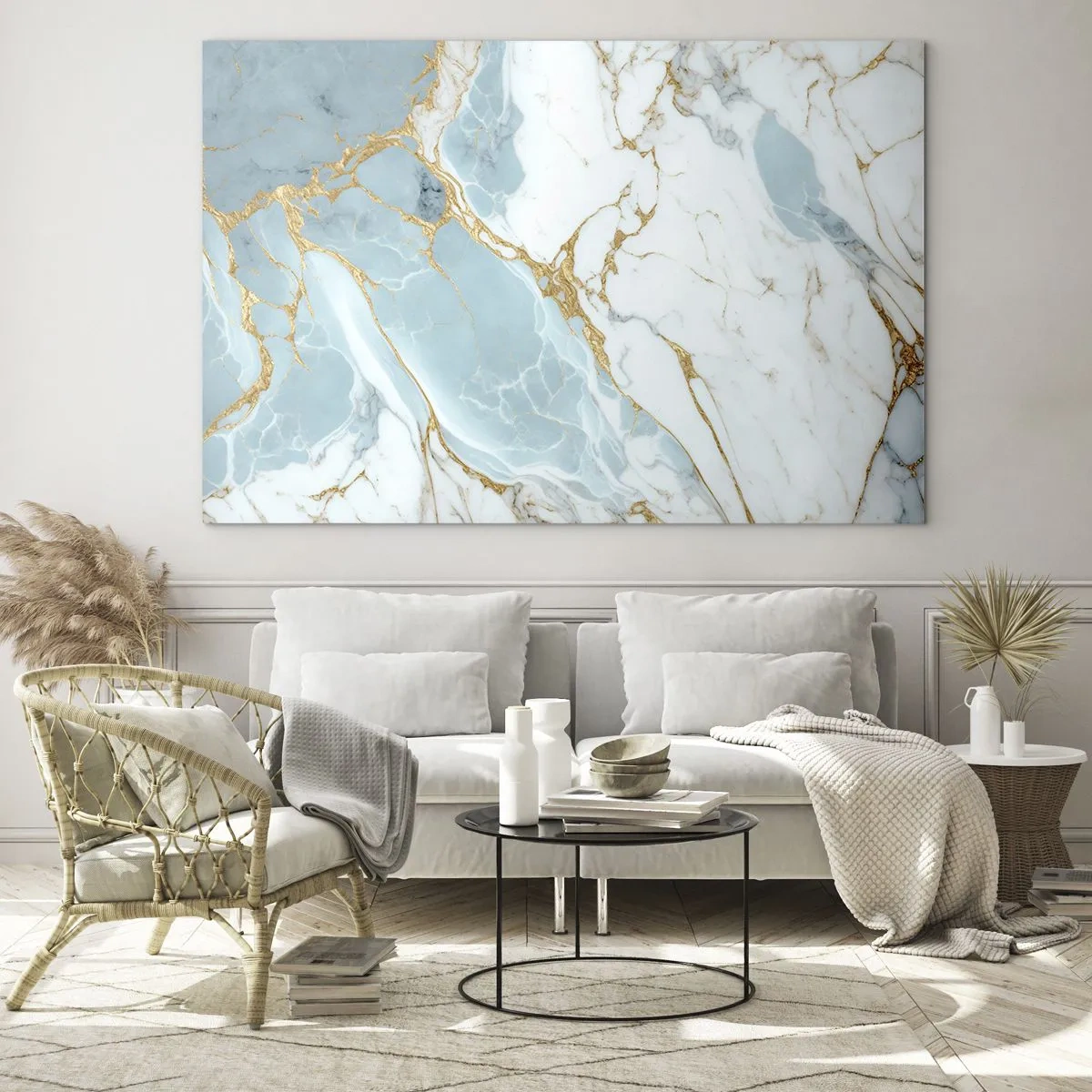 Cuadro sobre vidrio - Impresiones sobre Vidrio - Mármol abstracto en tonos azules y dorados. - 70x50cm - Riqueza en la piedra - Decoración de pared moderna para salón y dormitorio ARTTOR