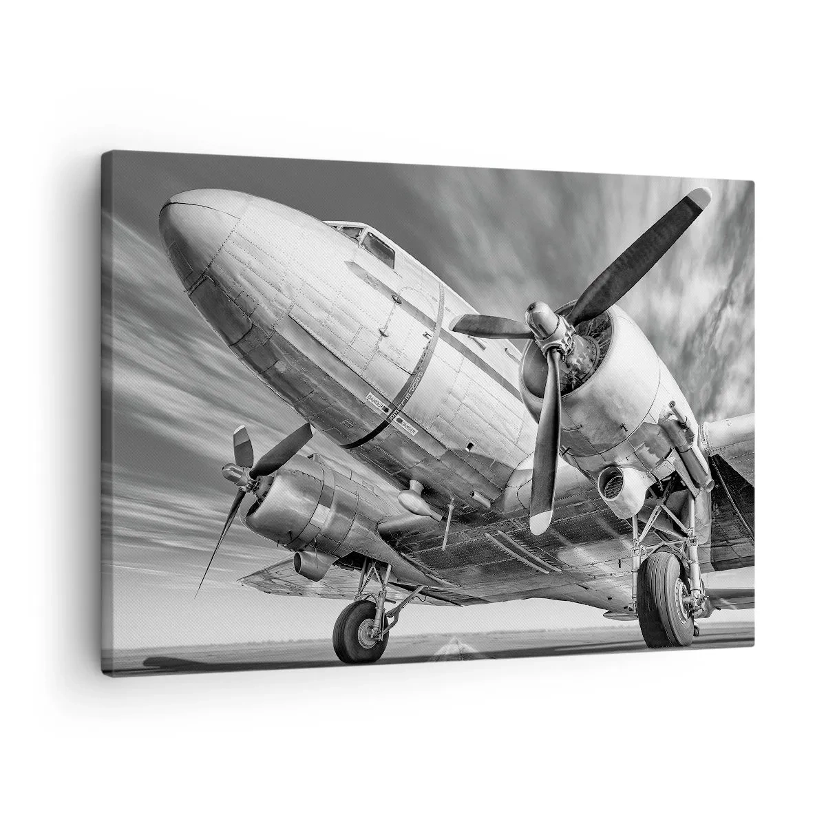 Cuadro sobre lienzo - Impresión de Imagen - Una imagen en blanco y negro de un avión clásico con detalles estructurales visibles. - 70x50cm - Siempre listo para volar - Decoración de pared moderna para salón y dormitorio ARTTOR