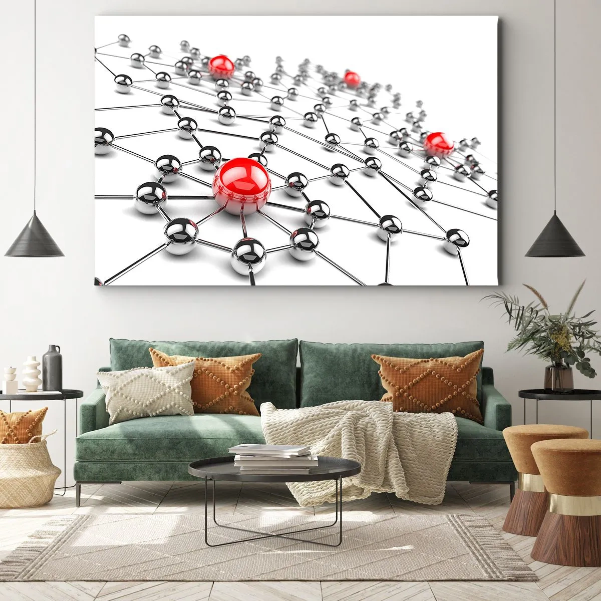 Cuadro sobre lienzo - Impresión de Imagen - Una red de bolas metálicas con acentos rojos. - 70x50cm - Una red plateada - Decoración de pared moderna para salón y dormitorio ARTTOR