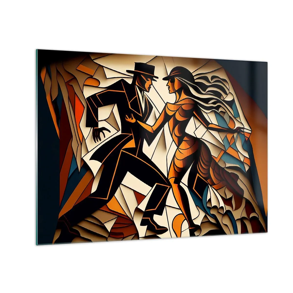 Cuadro sobre vidrio - Impresiones sobre Vidrio - Una pareja estilizada bailando en una forma abstracta dinámica. - 70x50cm - Danza de pasión - Decoración de pared moderna para salón y dormitorio ARTTOR