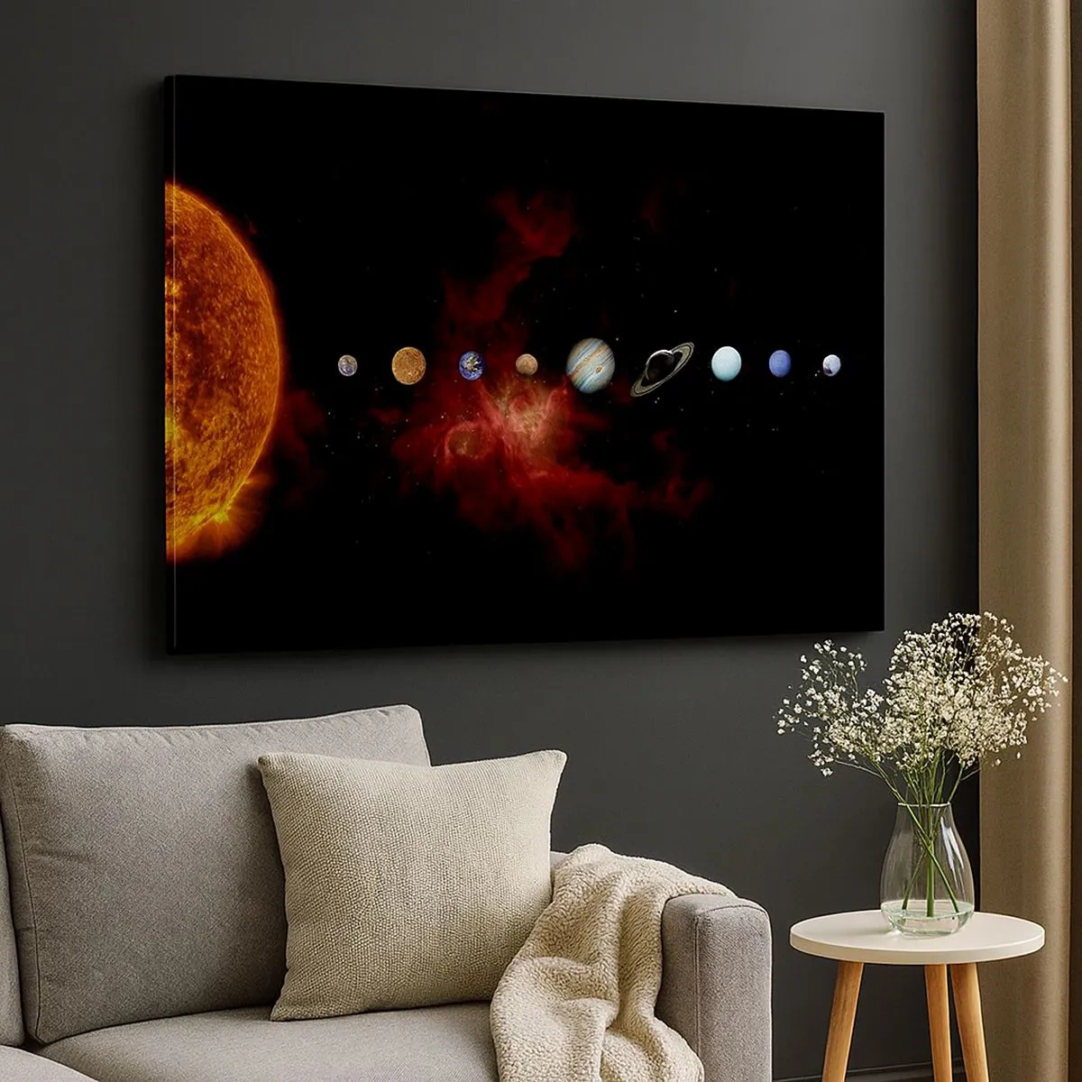 Cuadro sobre lienzo - Impresión de Imagen - El sistema solar con planetas sobre el fondo del espacio. - 70x50cm - Nuestro barrio - Decoración de pared moderna para salón y dormitorio ARTTOR