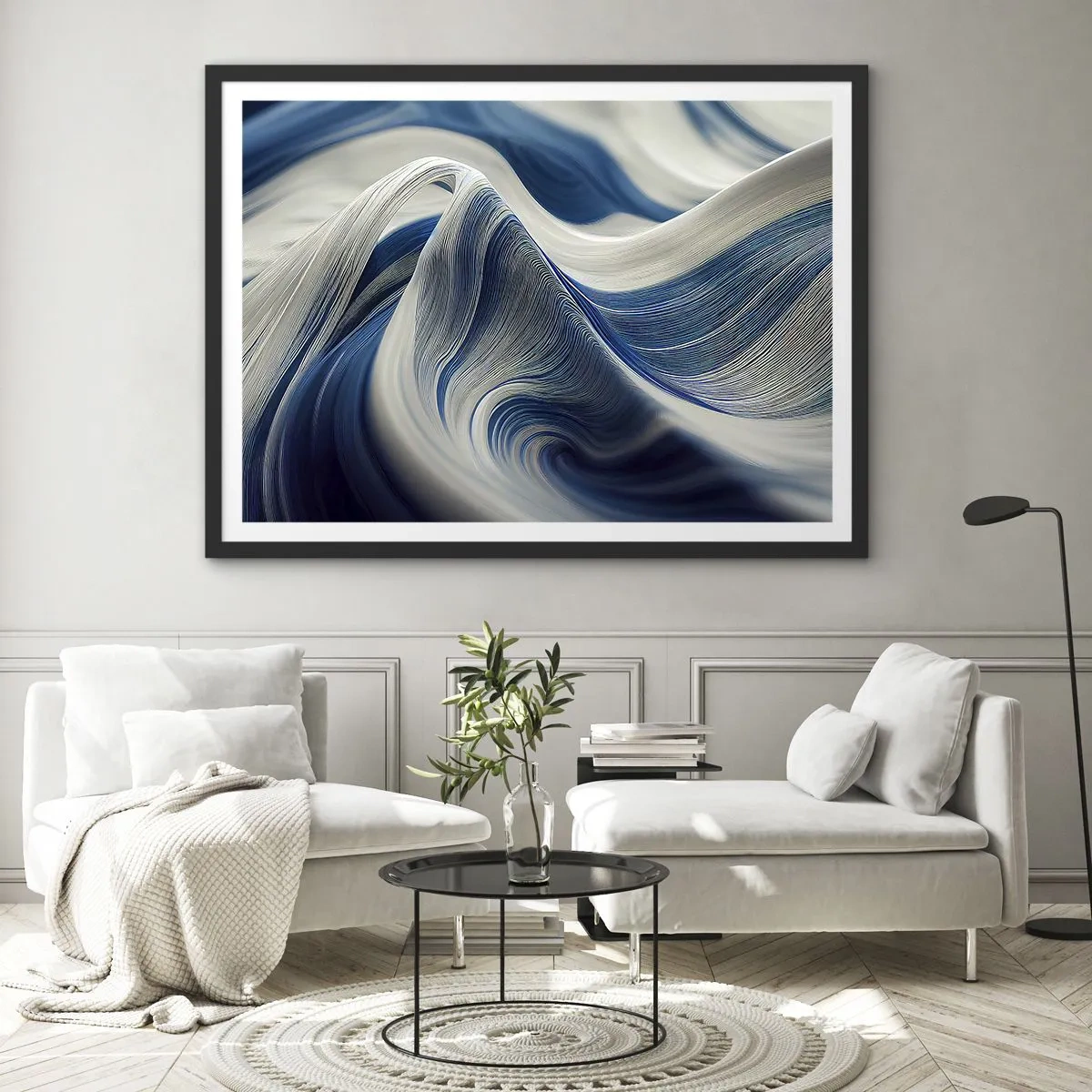 Póster en marco negro - Ondas abstractas en tonos azules y blancos - 70x50cm - Fluidez de azul y blanco - Decoración de pared moderna para salón y dormitorio ARTTOR