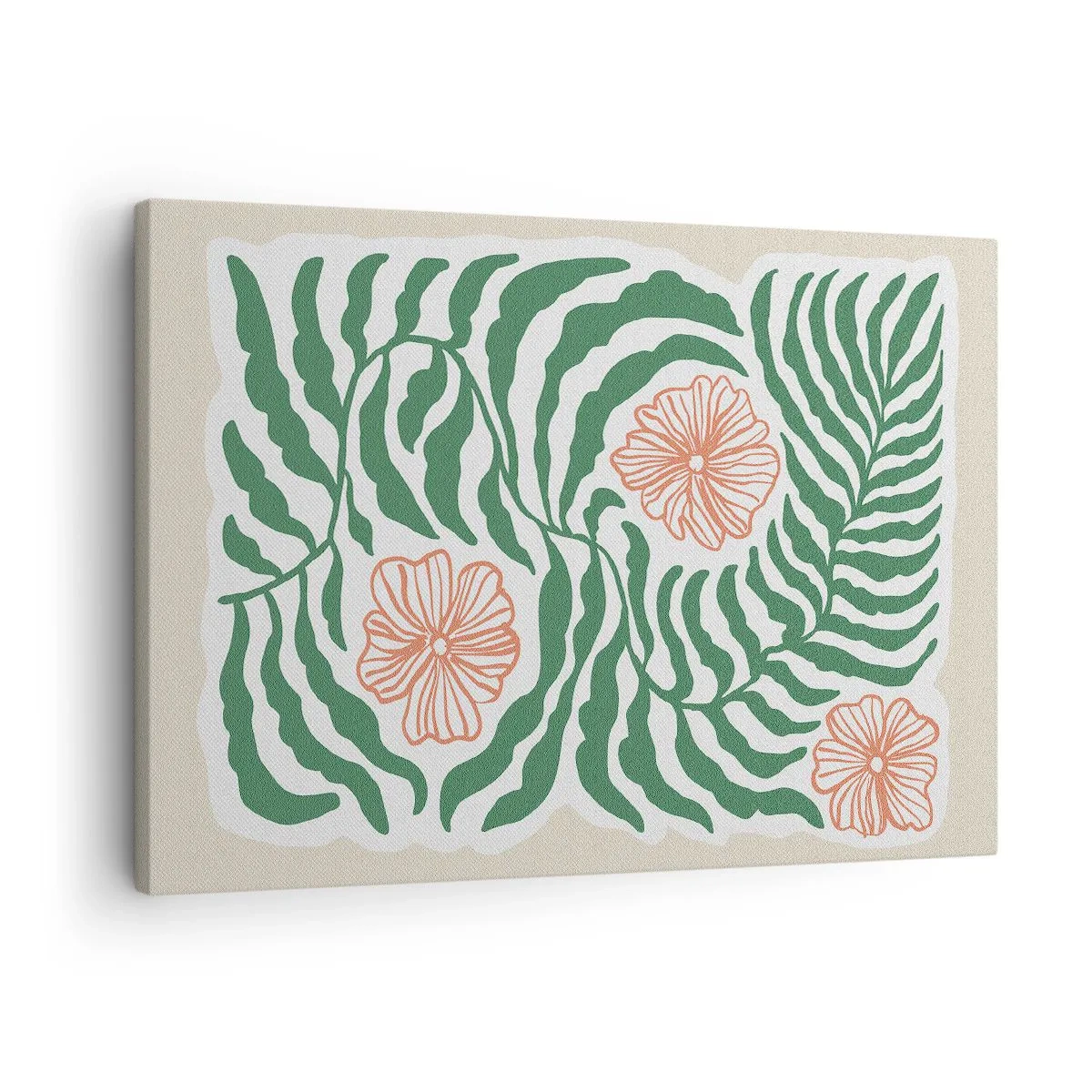 Cuadro sobre lienzo - Impresión de Imagen - Un motivo minimalista de hojas verdes con flores en tonos naranjas. - 70x50cm - Florecido en verde - Decoración de pared moderna para salón y dormitorio ARTTOR