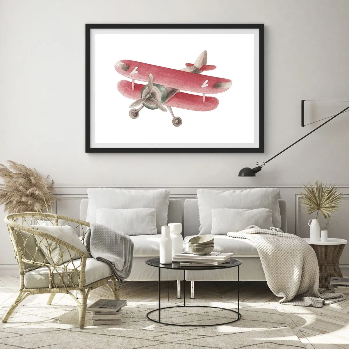 Póster en marco negro - Avión retro rojo sobre fondo blanco - 70x50cm - Listo para surcar los cielos - Decoración de pared moderna para salón y dormitorio ARTTOR
