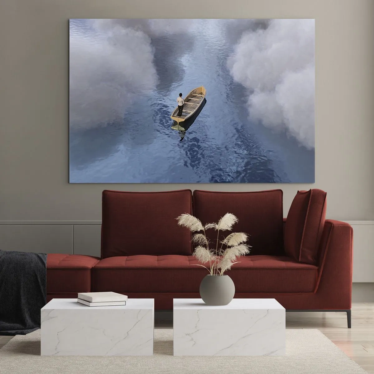 Cuadro sobre vidrio - Impresiones sobre Vidrio - Un hombre en un barco navegando por el agua entre las nubes. - 70x50cm - La vida - el viaje - lo desconocido - Decoración de pared moderna para salón y dormitorio ARTTOR
