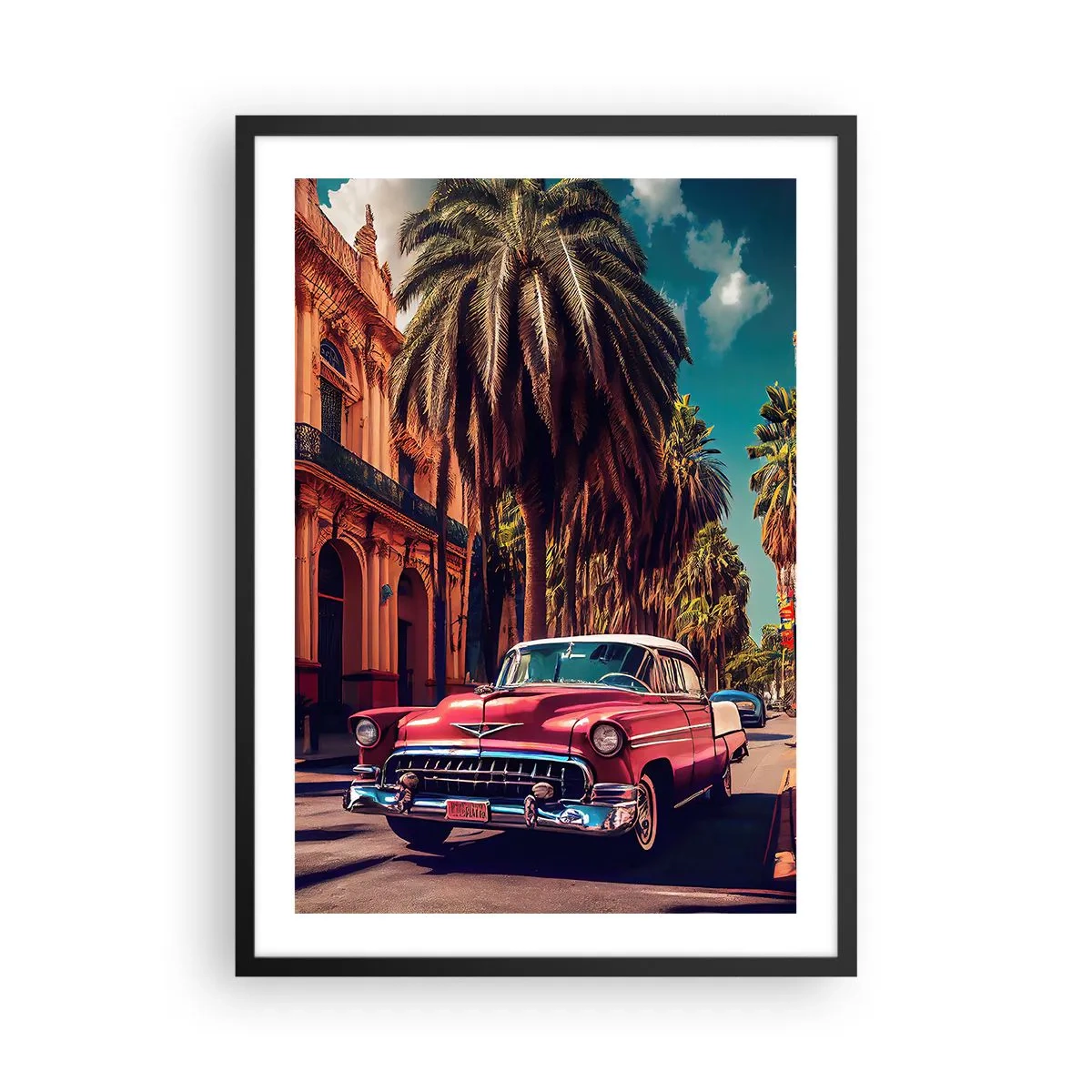 Póster en marco negro - Un coche clásico con el telón de fondo de una ciudad tropical. - 50x70cm - Seguimos en La Habana - Decoración de pared moderna para salón y dormitorio ARTTOR