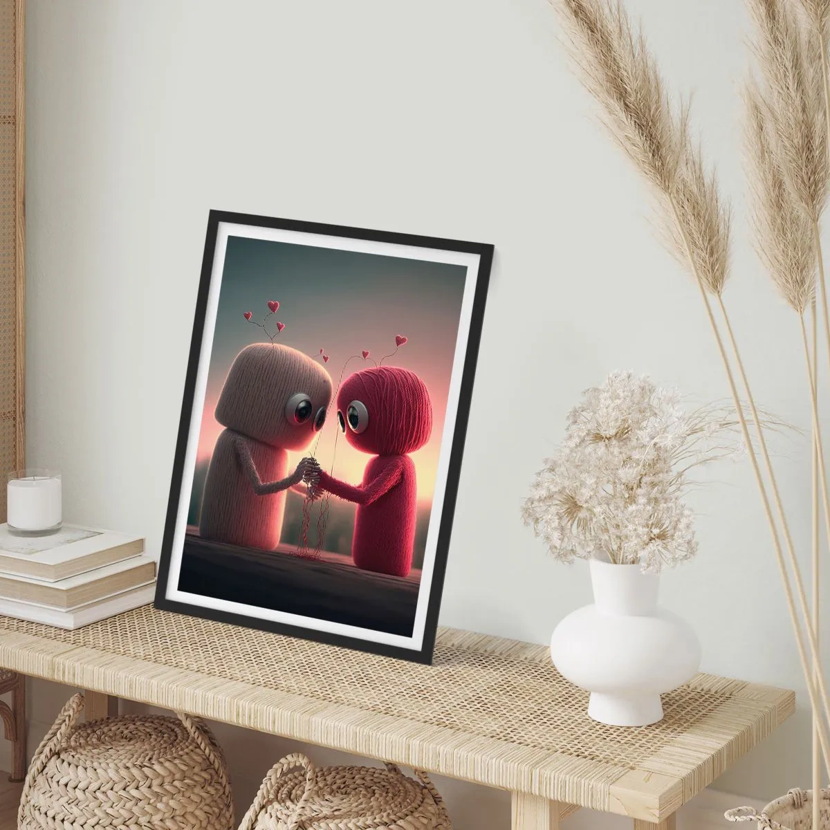 Póster en marco negro - Adorables personajes de hilo tomados de la mano. - 50x70cm - Todo el mundo puede amar - Decoración de pared moderna para salón y dormitorio ARTTOR