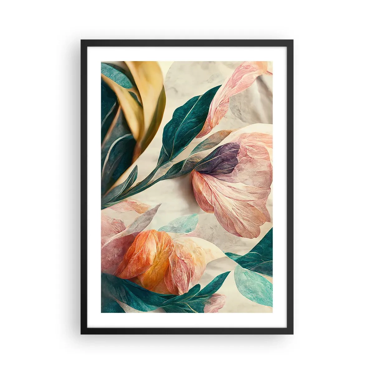 Póster en marco negro - Flores y hojas coloridas en una composición artística. - 50x70cm - Flores de las islas del sur - Decoración de pared moderna para salón y dormitorio ARTTOR