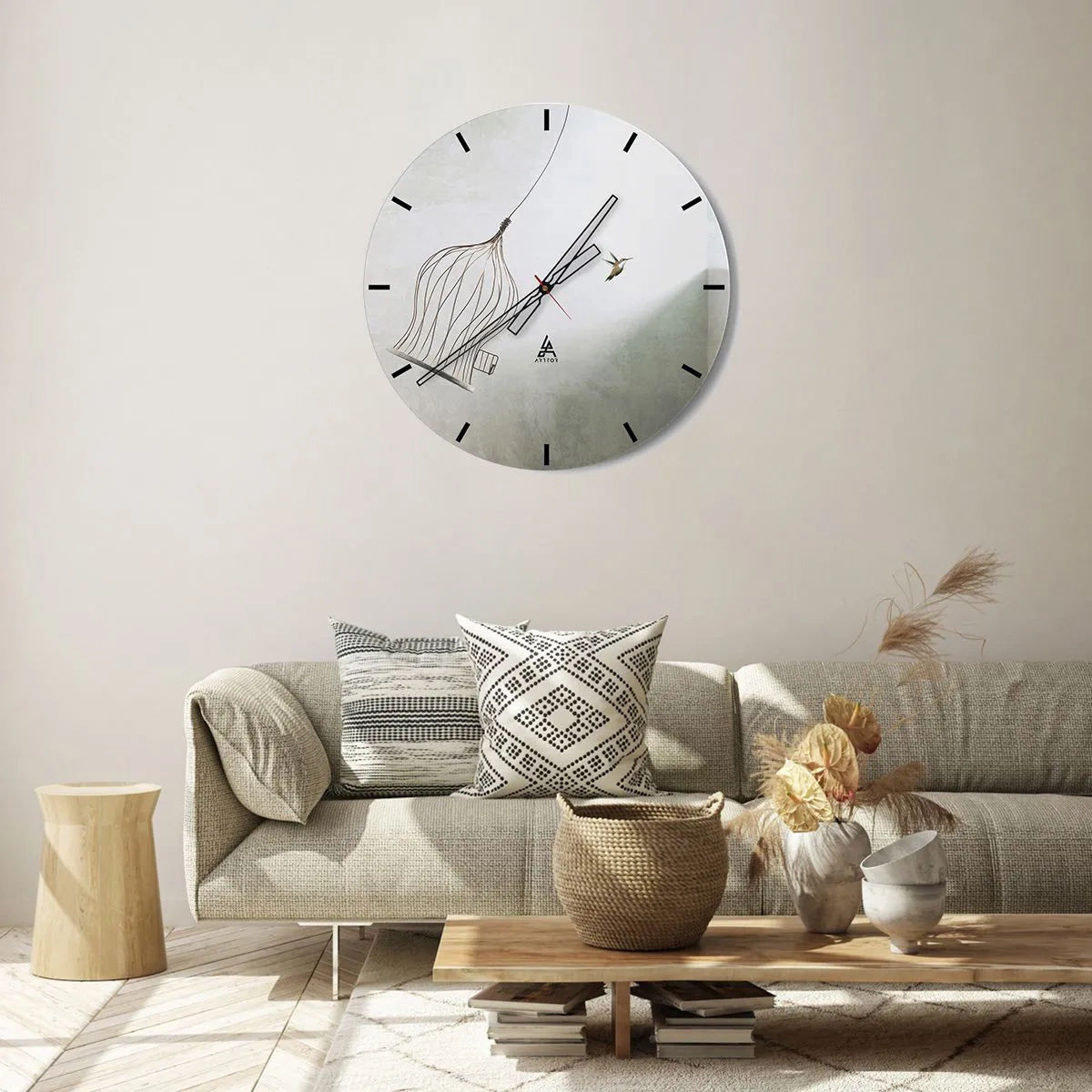 Reloj de pared - Reloj de vidrio - Un pájaro saliendo de su jaula contra un fondo claro. - 30x30cm - Aquí debo estar - Decoración de pared moderna para salón, cocina y dormitorio ARTTOR