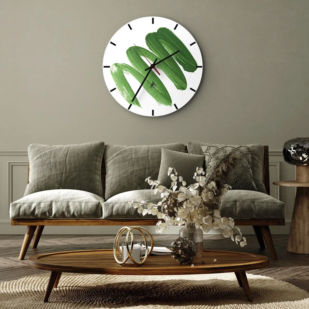 Reloj de pared - Reloj de vidrio - Pinceladas verdes sobre un fondo blanco - 30x30cm - Una broma verde - Decoración de pared moderna para salón, cocina y dormitorio ARTTOR