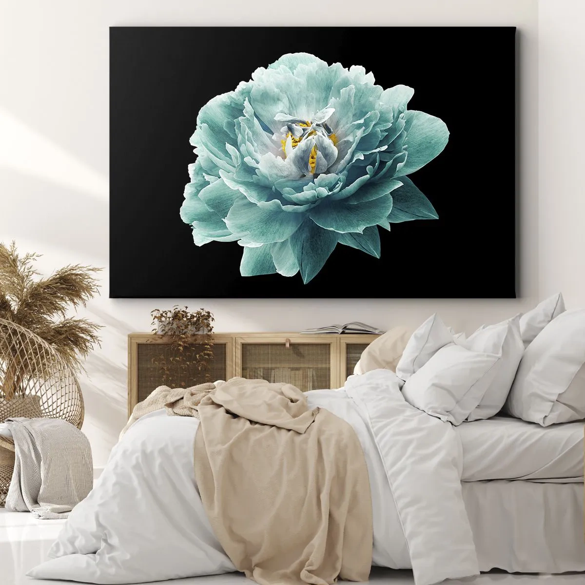 Cuadro sobre lienzo - Impresión de Imagen - Flor de peonía turquesa sobre fondo negro - 70x50cm - Pétalos azules y dorados - Decoración de pared moderna para salón y dormitorio ARTTOR