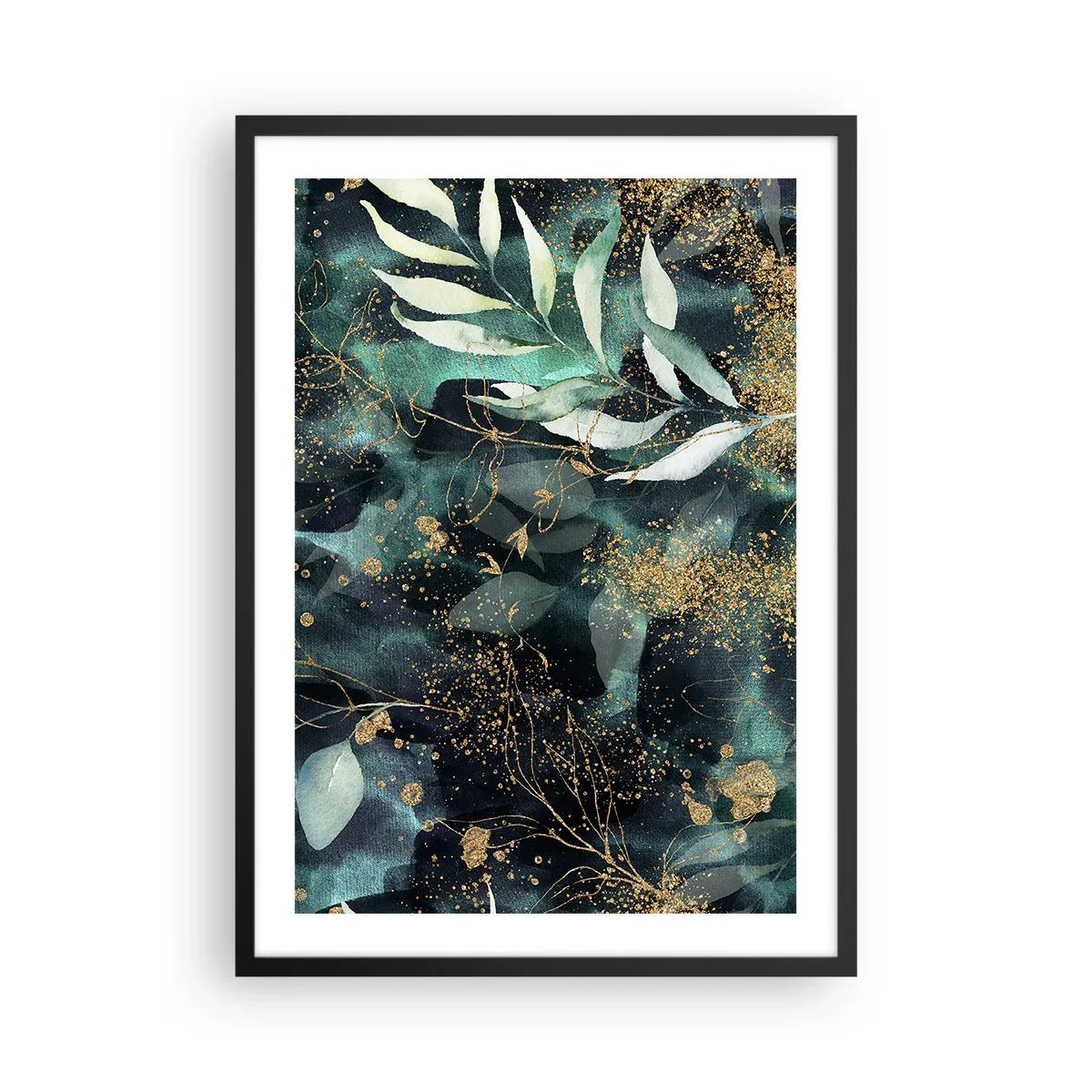 Póster en marco negro - Hojas verdes y acentos dorados sobre un fondo oscuro. - 50x70cm - Jardín encantado - Decoración de pared moderna para salón y dormitorio ARTTOR