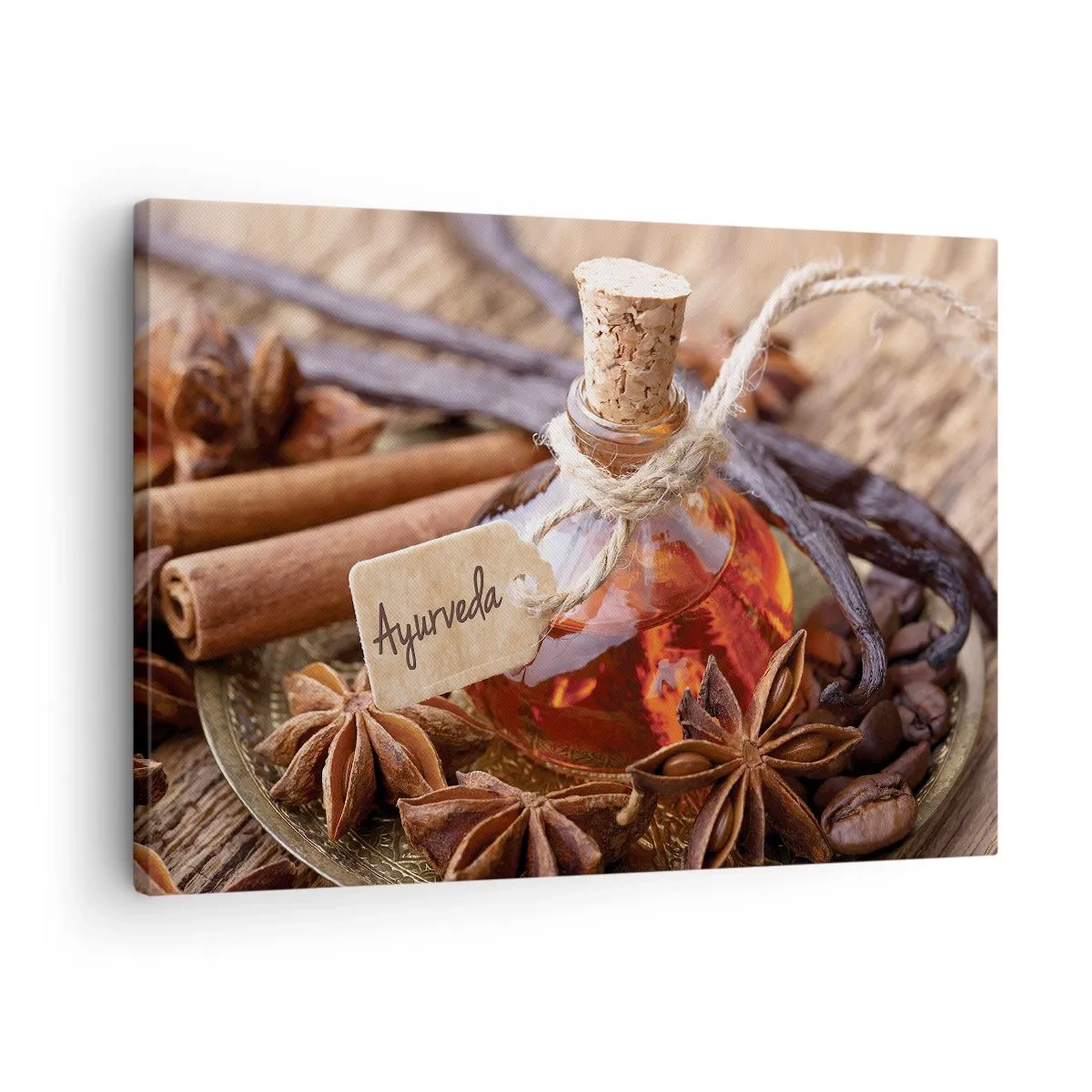 Cuadro sobre lienzo - Impresión de Imagen - Una botella de aceite de especias en una bandeja. - 70x50cm - Hacia la unidad del cuerpo y el espíritu - Decoración de pared moderna para salón y dormitorio ARTTOR