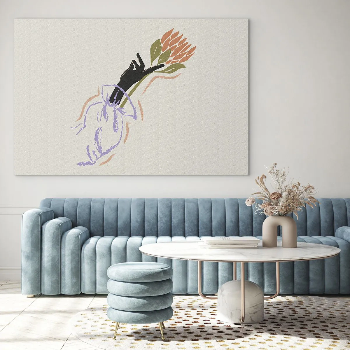 Cuadro sobre vidrio - Impresiones sobre Vidrio - Una mano estilizada con un ramo de flores dibujado con líneas pastel. - 70x50cm - Un toque fraternal - Decoración de pared moderna para salón y dormitorio ARTTOR