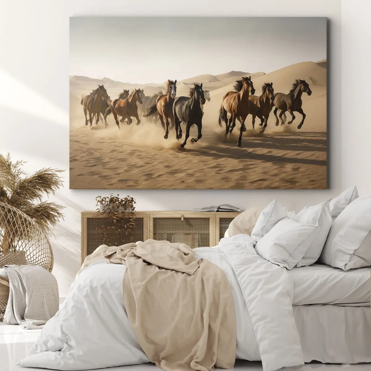 Cuadro sobre lienzo - Impresión de Imagen - Caballos al galope contra un fondo desértico - 70x50cm - Libre como el viento - Decoración de pared moderna para salón y dormitorio ARTTOR