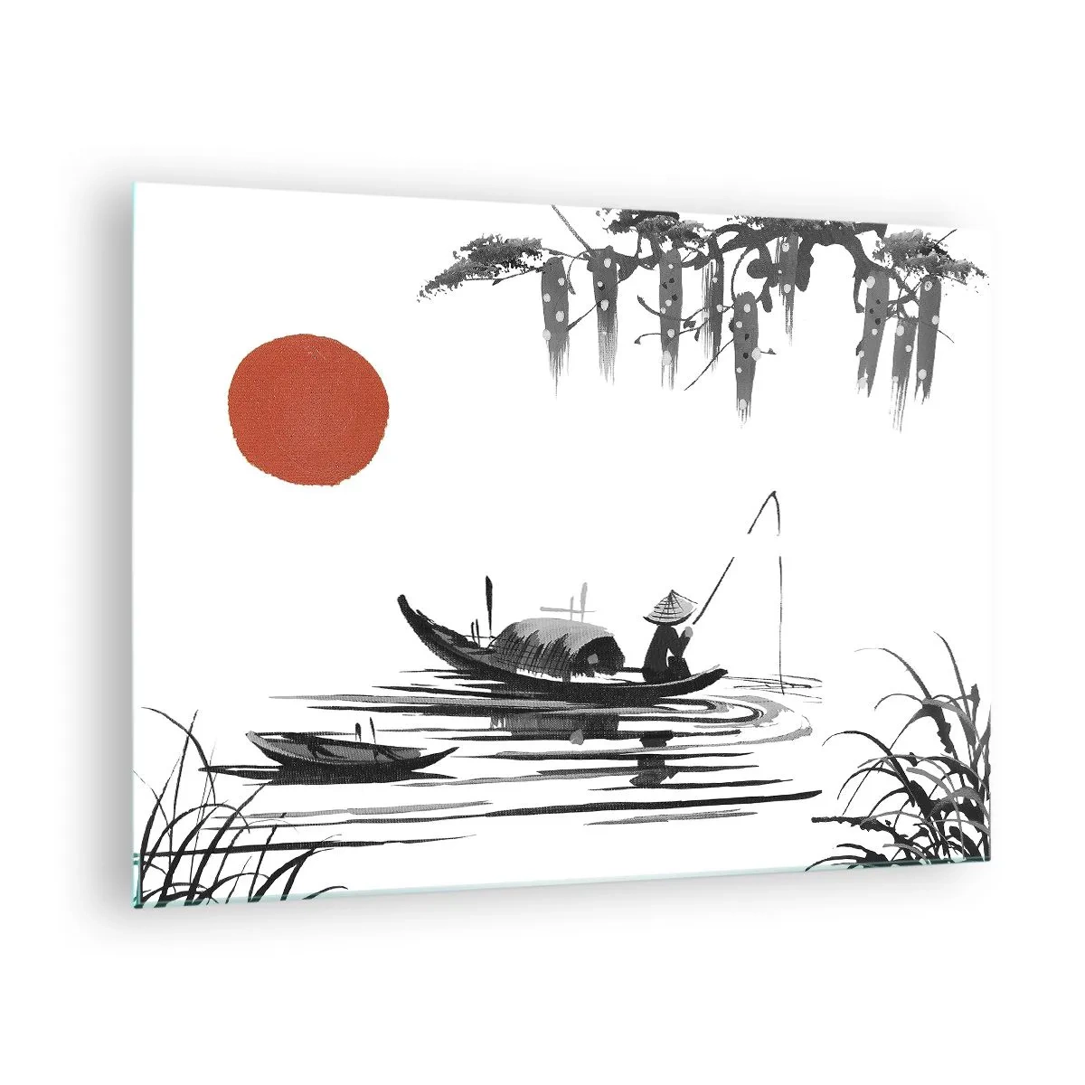 Cuadro sobre vidrio - Impresiones sobre Vidrio - Barco de pesca tradicional en un río con un sol rojo. - 70x50cm - Una tarde asiática - Decoración de pared moderna para salón y dormitorio ARTTOR