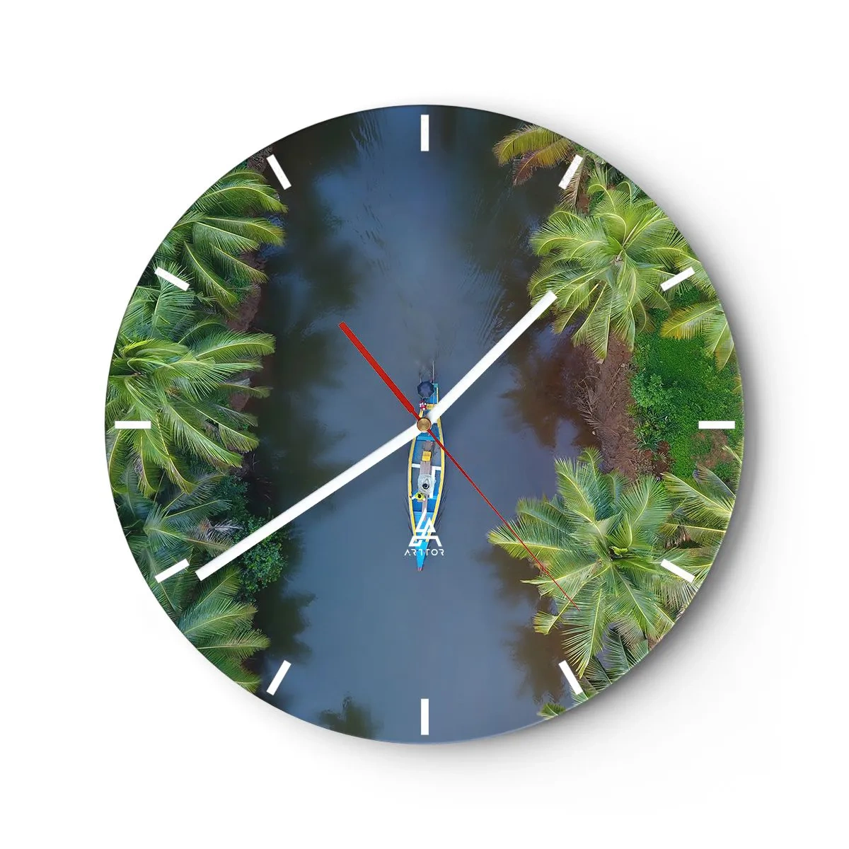 Reloj de pared - Reloj de vidrio - Un barco en un río tropical entre palmeras, visto a vista de pájaro. - 30x30cm - En un sendero tropical - Decoración de pared moderna para salón, cocina y dormitorio ARTTOR