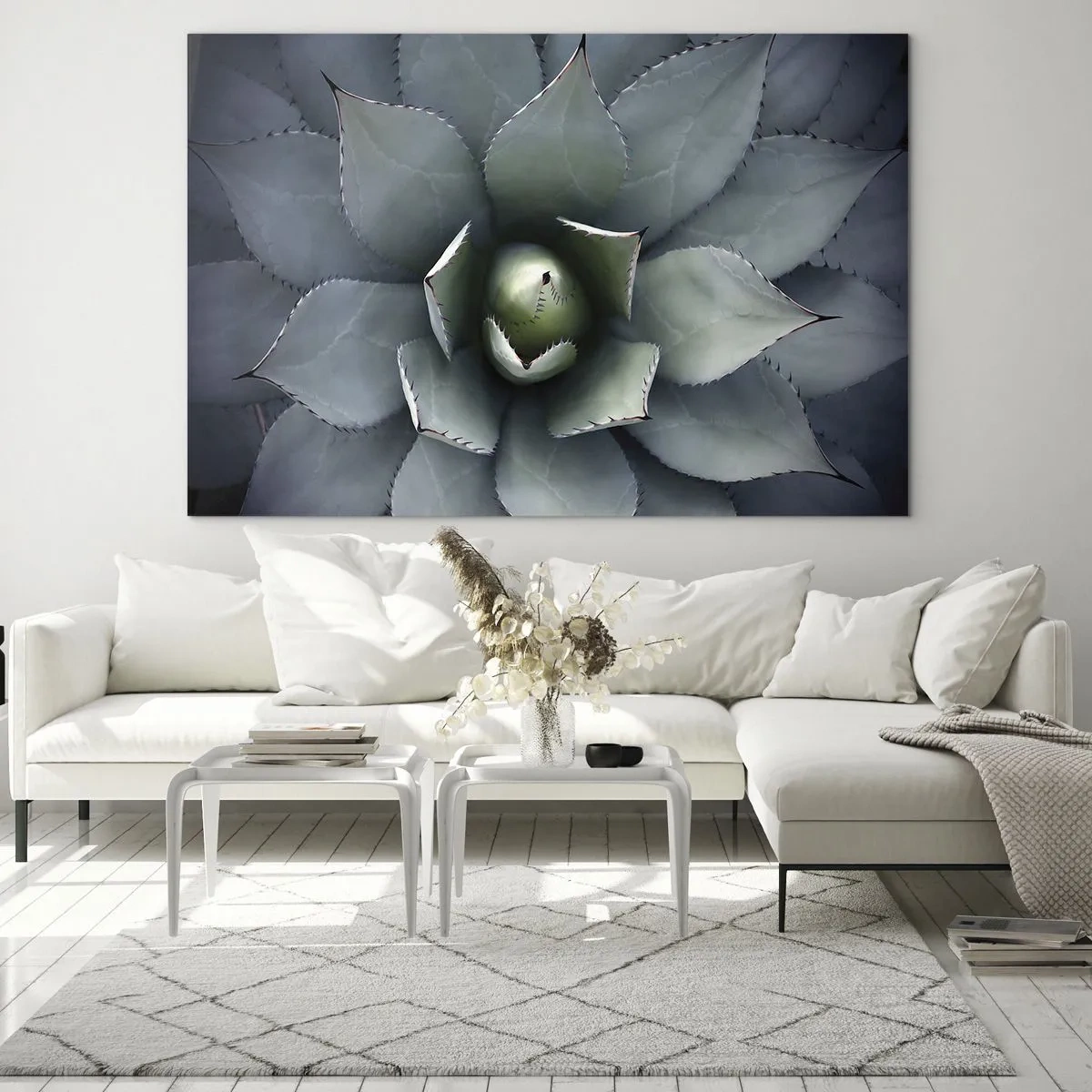 Cuadro sobre vidrio - Impresiones sobre Vidrio - Un primer plano de las hojas de agave simétricas de color acero. - 70x50cm - Perfección natural - Decoración de pared moderna para salón y dormitorio ARTTOR