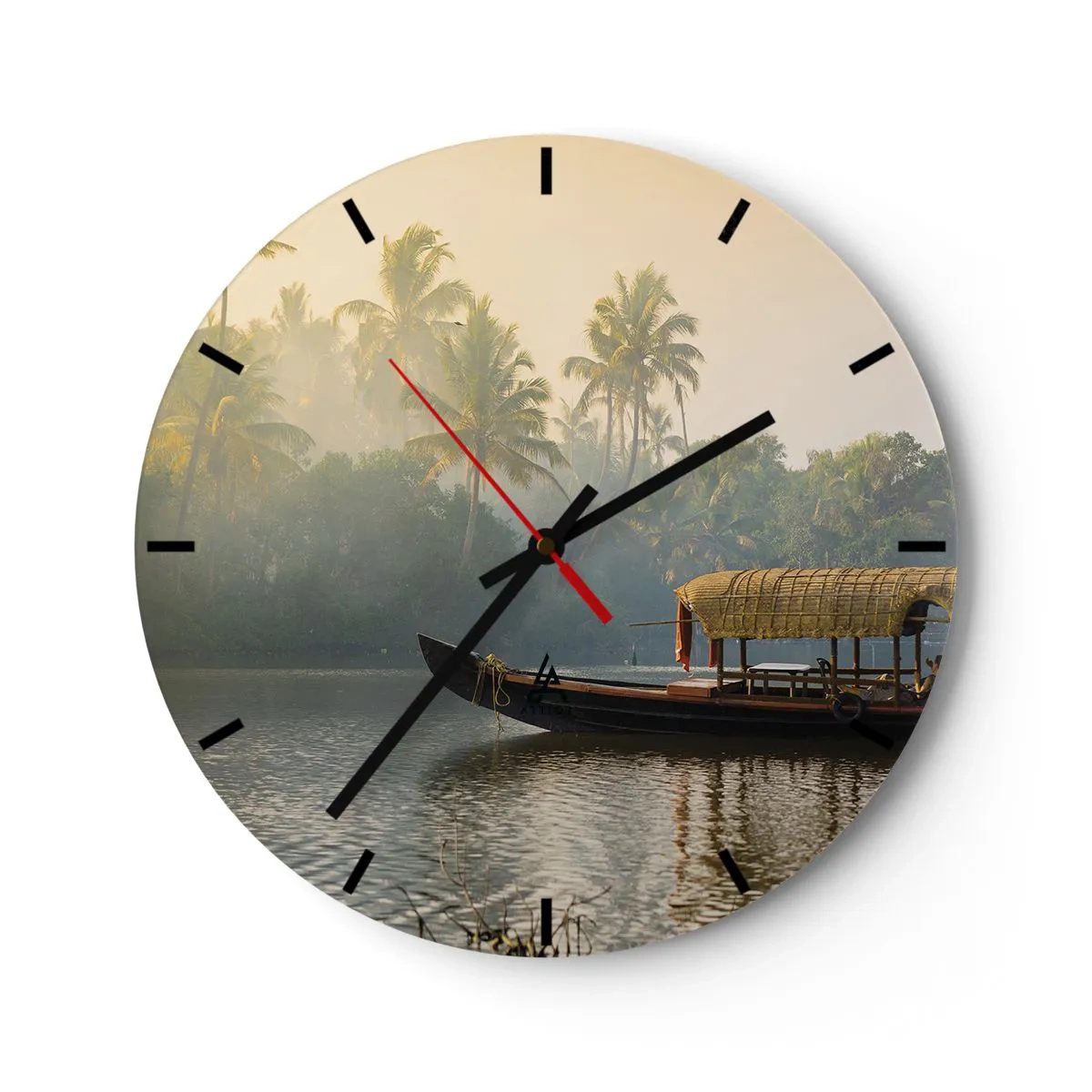 Reloj de pared - Reloj de vidrio - Una embarcación tradicional flota en un río tranquilo entre palmeras. - 30x30cm - Casa en el río - Decoración de pared moderna para salón, cocina y dormitorio ARTTOR