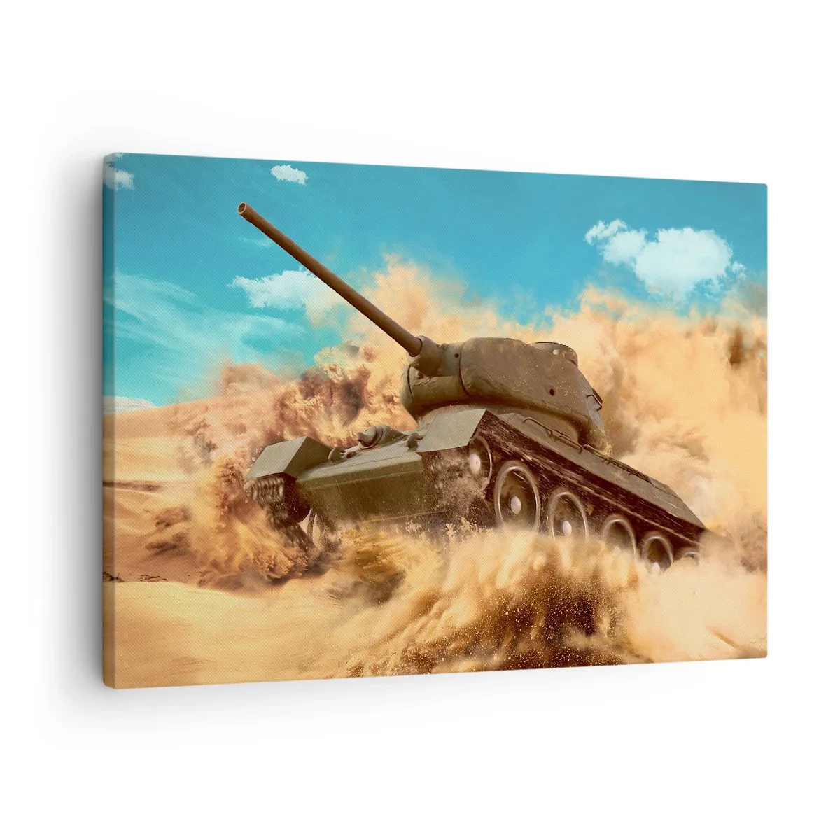 Cuadro sobre lienzo - Impresión de Imagen - Un tanque en acción en el desierto, rodeado de polvo de arena. - 70x50cm - Inmejorable - Decoración de pared moderna para salón y dormitorio ARTTOR