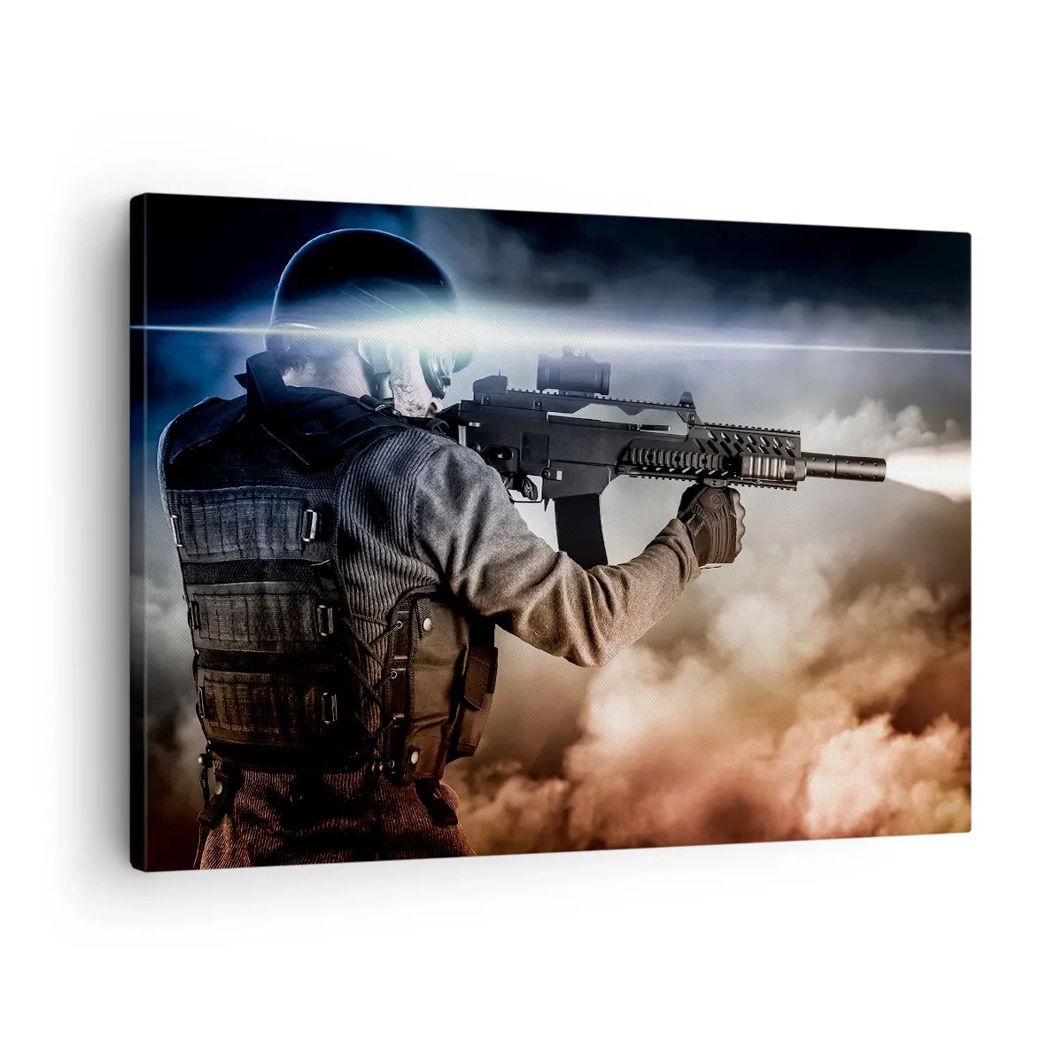 Cuadro sobre lienzo - Impresión de Imagen - Un soldado en acción con un rifle contra un fondo de nubes y luz. - 70x50cm - Luchador - Decoración de pared moderna para salón y dormitorio ARTTOR