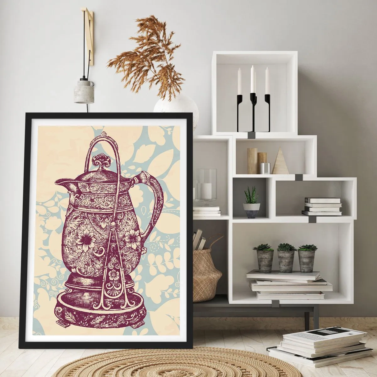 Póster en marco negro - Una jarra vintage decorada sobre un fondo decorativo. - 50x70cm - La belleza de lo cotidiano - Decoración de pared moderna para salón y dormitorio ARTTOR