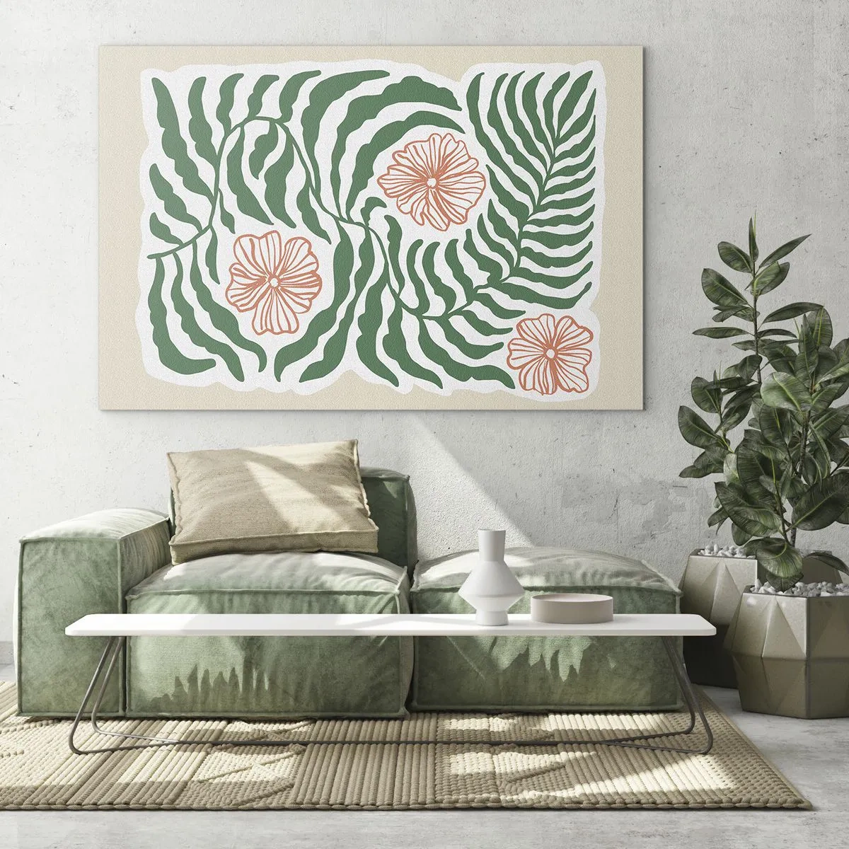 Cuadro sobre vidrio - Impresiones sobre Vidrio - Hojas verdes y flores rojas en un arreglo gráfico. - 70x50cm - Florecido en verde - Decoración de pared moderna para salón y dormitorio ARTTOR