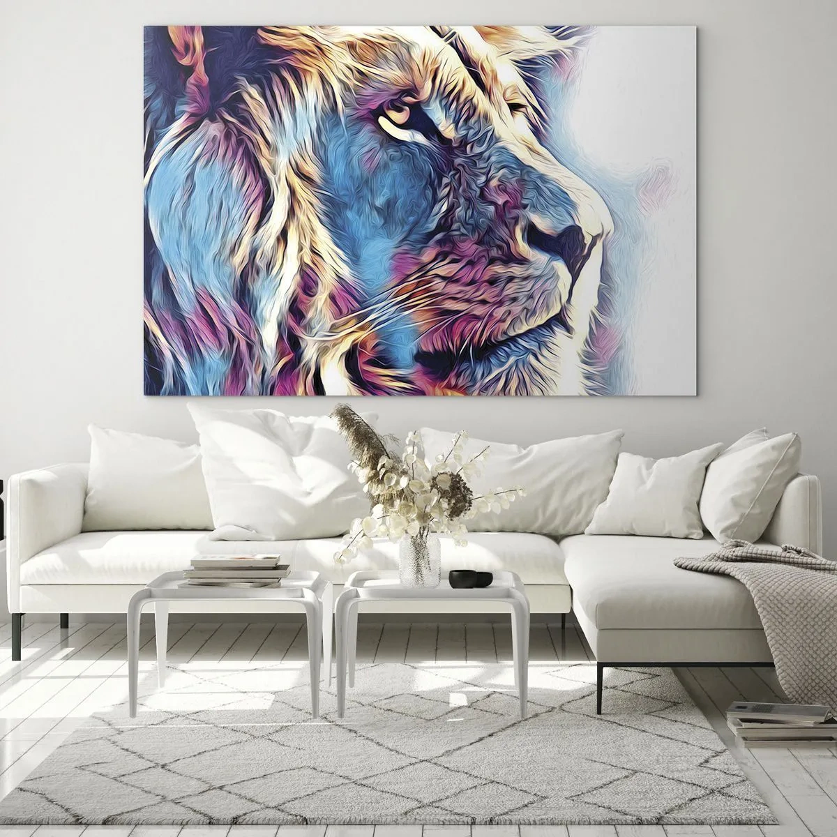 Cuadro sobre vidrio - Impresiones sobre Vidrio - Gráficos de leones coloridos en un estilo moderno y artístico. - 70x50cm - La sabiduría de la naturaleza - Decoración de pared moderna para salón y dormitorio ARTTOR