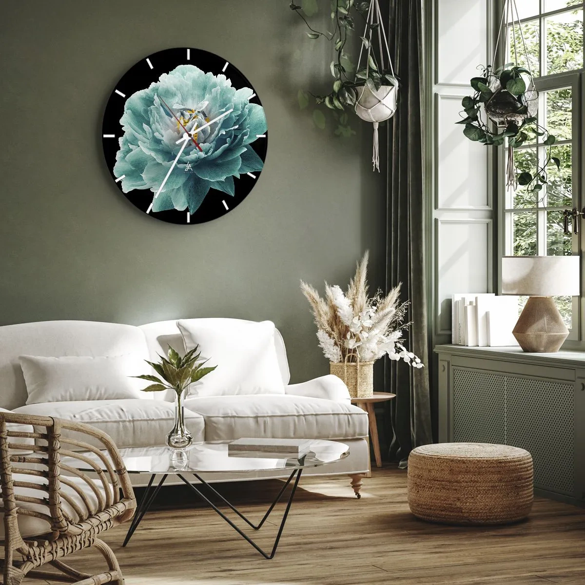Reloj de pared - Reloj de vidrio - Flor de peonía turquesa sobre fondo negro - 30x30cm - Pétalos azules y dorados - Decoración de pared moderna para salón, cocina y dormitorio ARTTOR