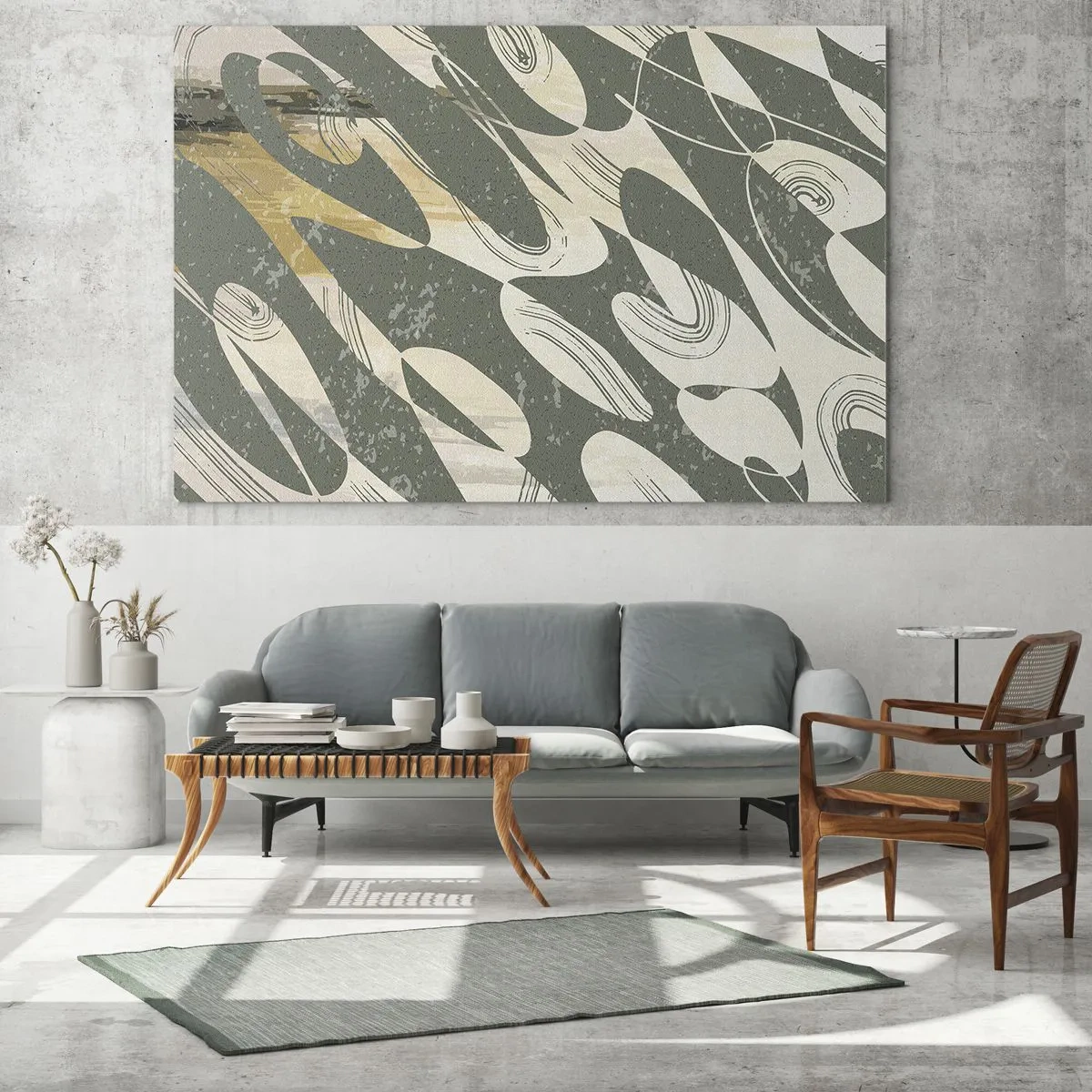 Cuadro sobre vidrio - Impresiones sobre Vidrio - Una composición verde y beige con formas orgánicas dinámicas. - 70x50cm - Abstracción rítmica - Decoración de pared moderna para salón y dormitorio ARTTOR