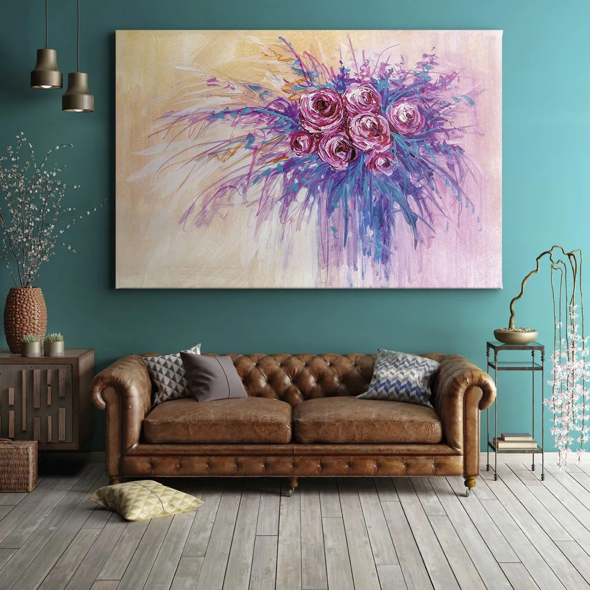 Cuadro sobre lienzo - Impresión de Imagen - Un ramo de rosas en colores pastel. - 70x50cm - Fuente de rosas - Decoración de pared moderna para salón y dormitorio ARTTOR