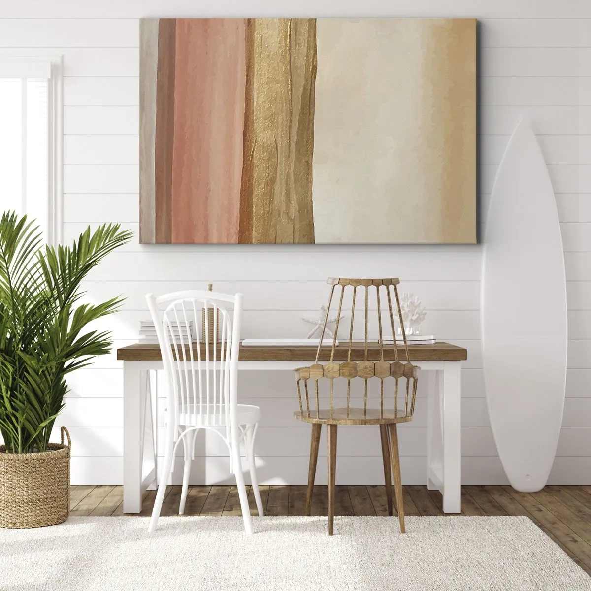 Cuadro sobre lienzo - Impresión de Imagen - Rayas abstractas en tonos beige, dorado y rosa sobre lienzo. - 70x50cm - Composición vertical - Decoración de pared moderna para salón y dormitorio ARTTOR