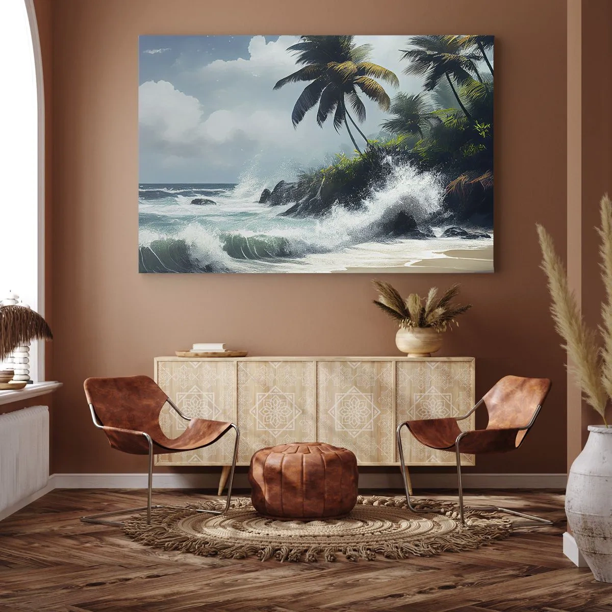 Cuadro sobre lienzo - Impresión de Imagen - Costa tropical con palmeras y mar agitado. - 70x50cm - En una costa tropical - Decoración de pared moderna para salón y dormitorio ARTTOR
