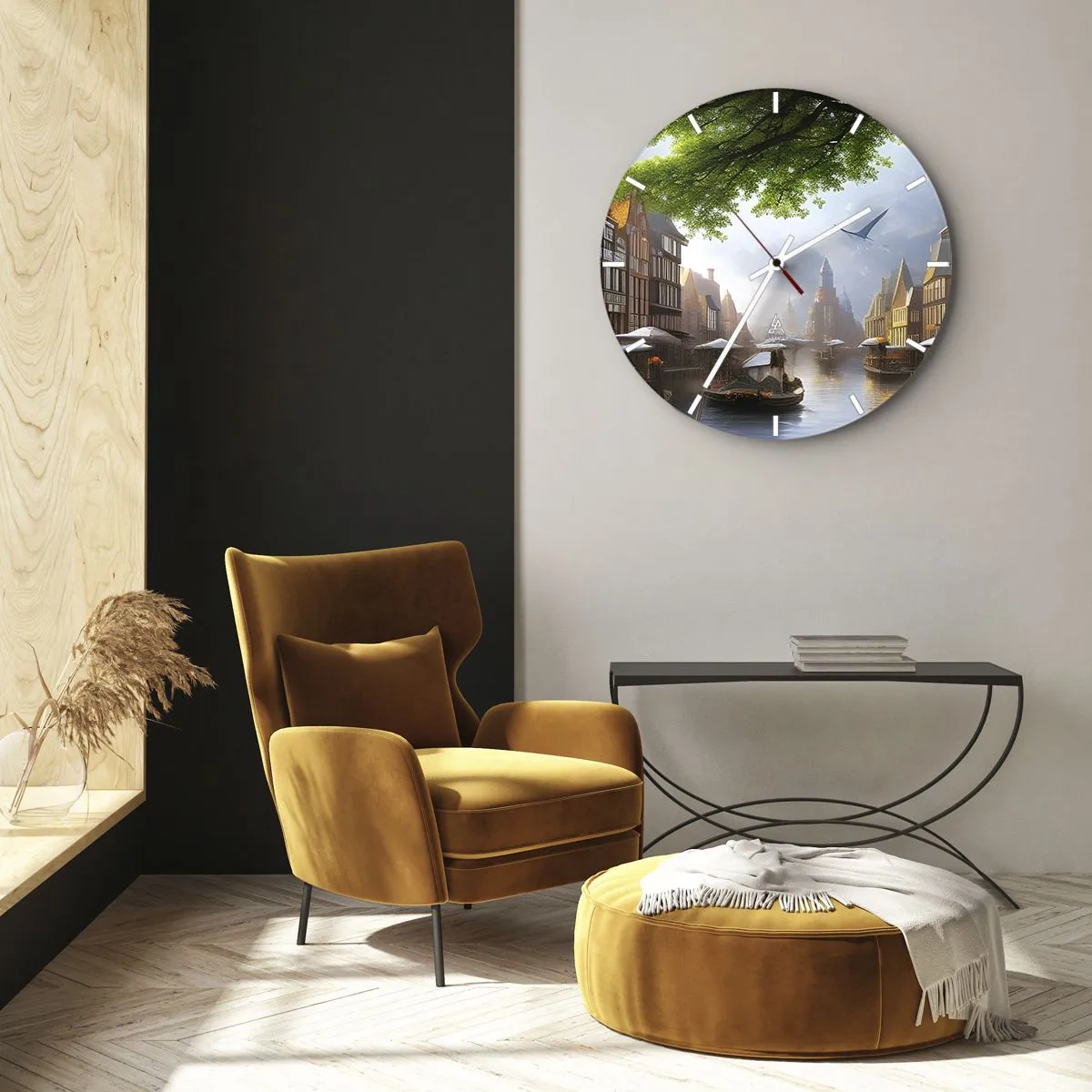 Reloj de pared - Reloj de vidrio - Canal de agua con barcos y casas de vecindad históricas - 30x30cm - Paisaje urbano holandés - Decoración de pared moderna para salón, cocina y dormitorio ARTTOR