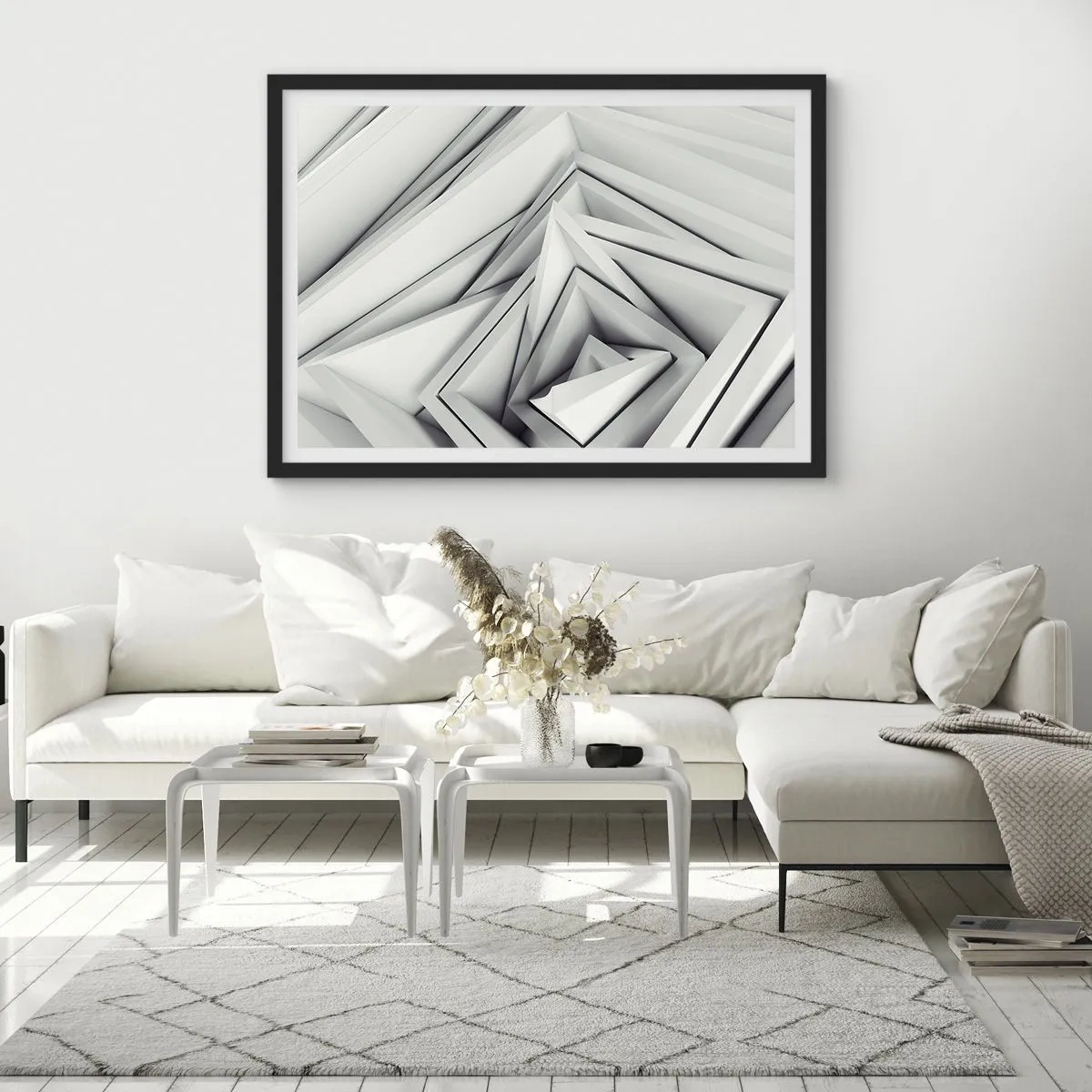 Póster en marco negro - Una composición abstracta de formas geométricas en tonos de gris. - 70x50cm - Ángulos afilados - Decoración de pared moderna para salón y dormitorio ARTTOR