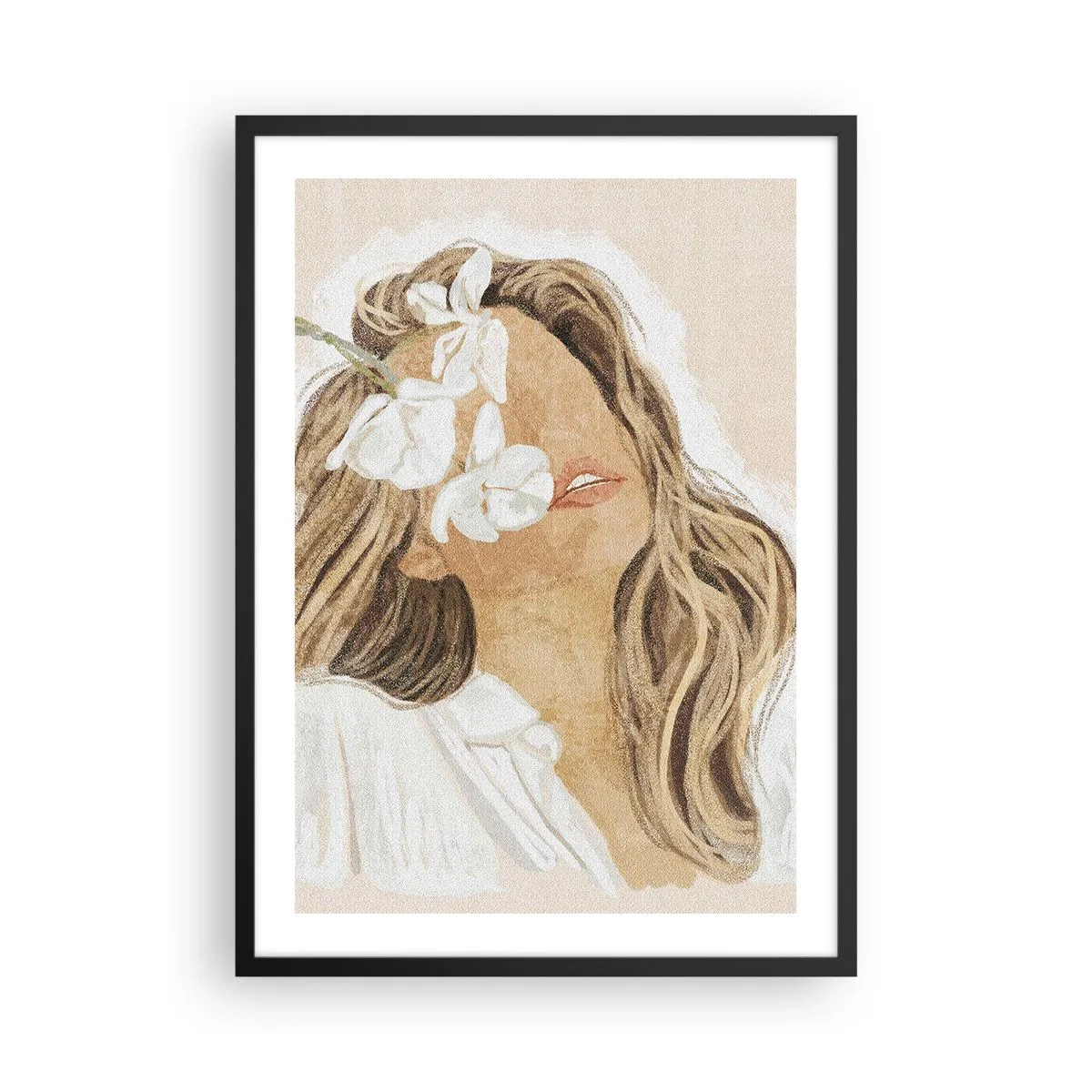Póster en marco negro - Retrato de una mujer con flores cubriendo su rostro. - 50x70cm - Entre flores, en éxtasis - Decoración de pared moderna para salón y dormitorio ARTTOR