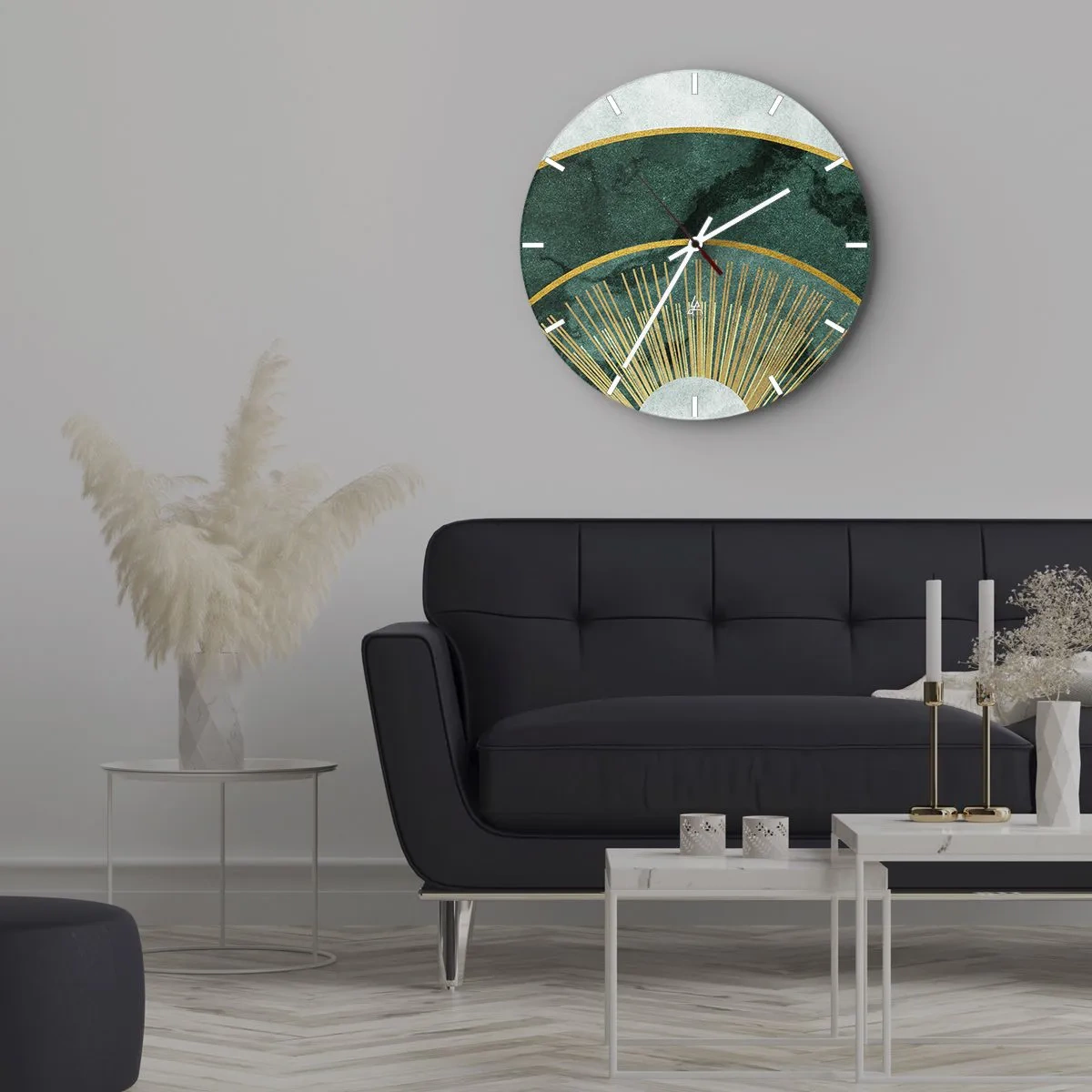 Reloj de pared - Reloj de vidrio - Gráficos verdes y dorados con rayos que recuerdan a un amanecer. - 30x30cm - Un sistema solar diferente - Decoración de pared moderna para salón, cocina y dormitorio ARTTOR