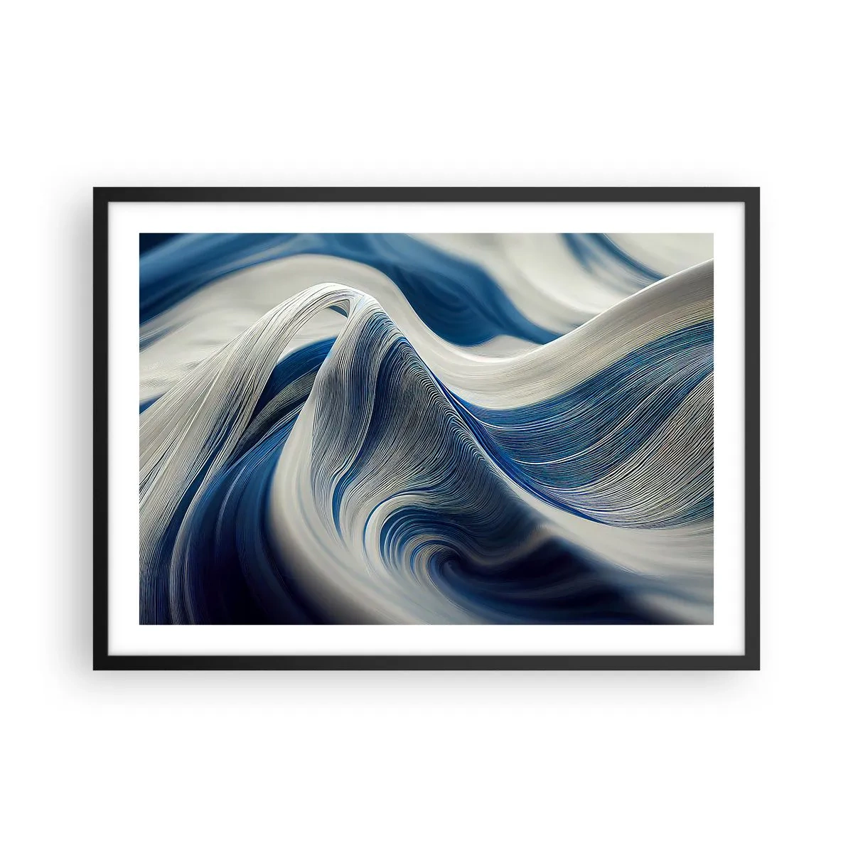 Póster en marco negro - Ondas abstractas en tonos azules y blancos - 70x50cm - Fluidez de azul y blanco - Decoración de pared moderna para salón y dormitorio ARTTOR