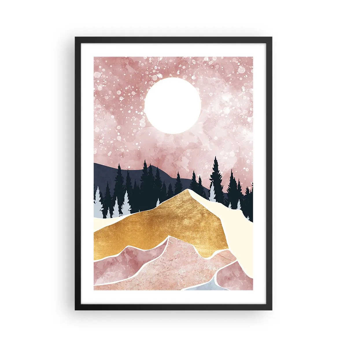 Póster en marco negro - Paisaje abstracto con bosque, montañas y acentos dorados. - 50x70cm - Vigilancia nocturna - Decoración de pared moderna para salón y dormitorio ARTTOR