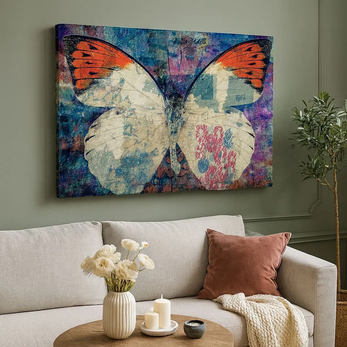 Cuadro sobre lienzo - Impresión de Imagen - Mariposa en un fondo artístico abstracto con detalles coloridos. - 70x50cm - Sutil fragilidad - Decoración de pared moderna para salón y dormitorio ARTTOR